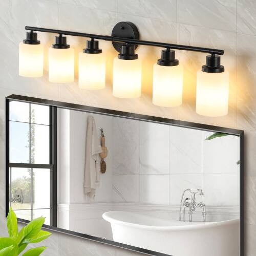 Angle. LUCKY ONE - 39in Wall Mount Vanity Light, 6-Light Black Iron Sconce with Frosted White Glass Shades - Black.