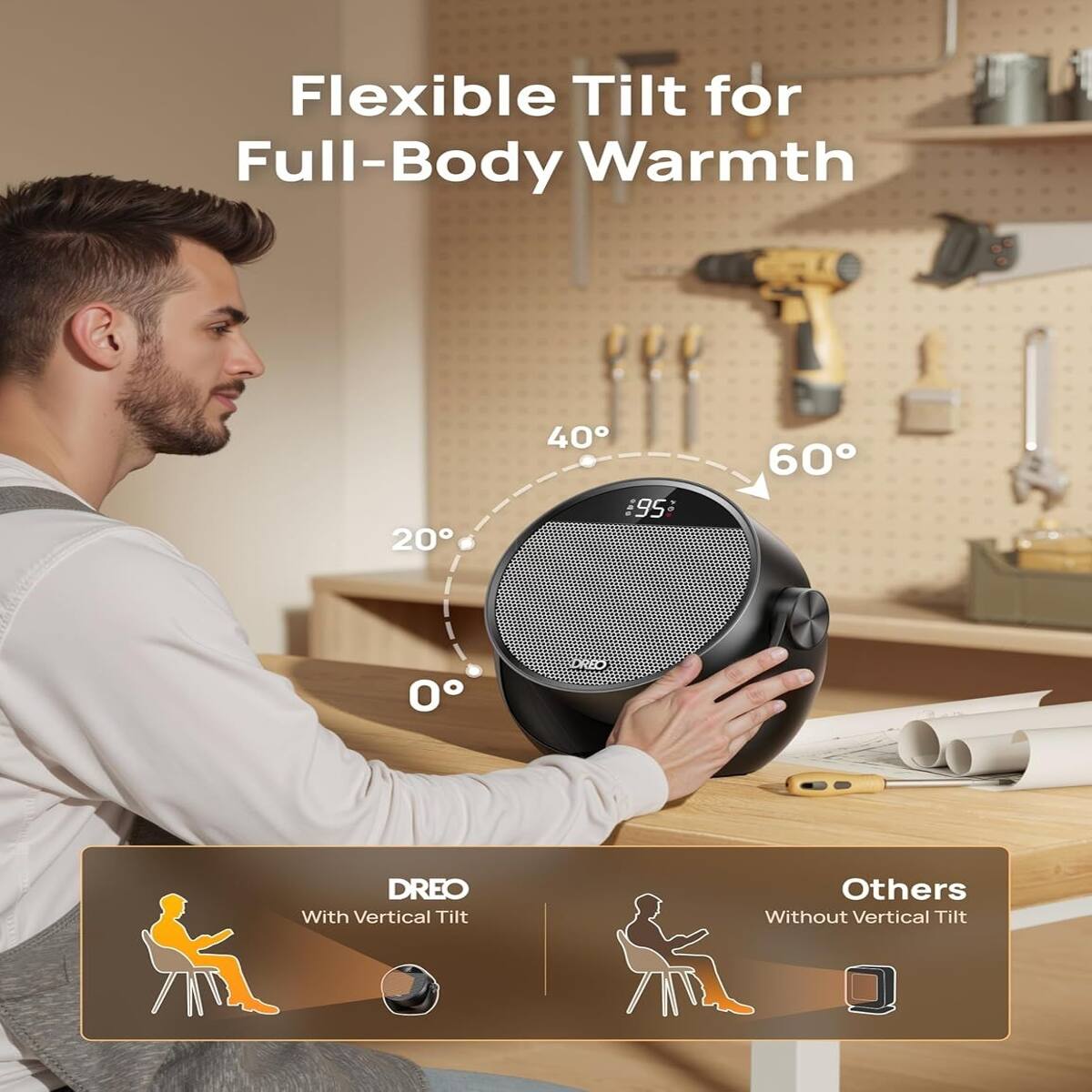 Flexible Tilt for Full-Body Warmth

20° 40° 60° 0°

DREO
With Vertical Tilt

Others
Without Vertical Tilt