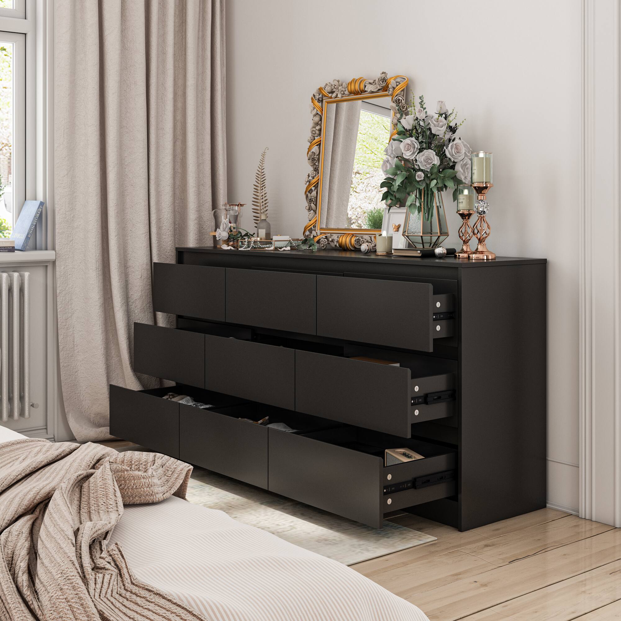 Angle. Famapy - Famapy 9 - Drawer Dresser: Elevate Bedroom Elegance with Sleek Storage - Black.