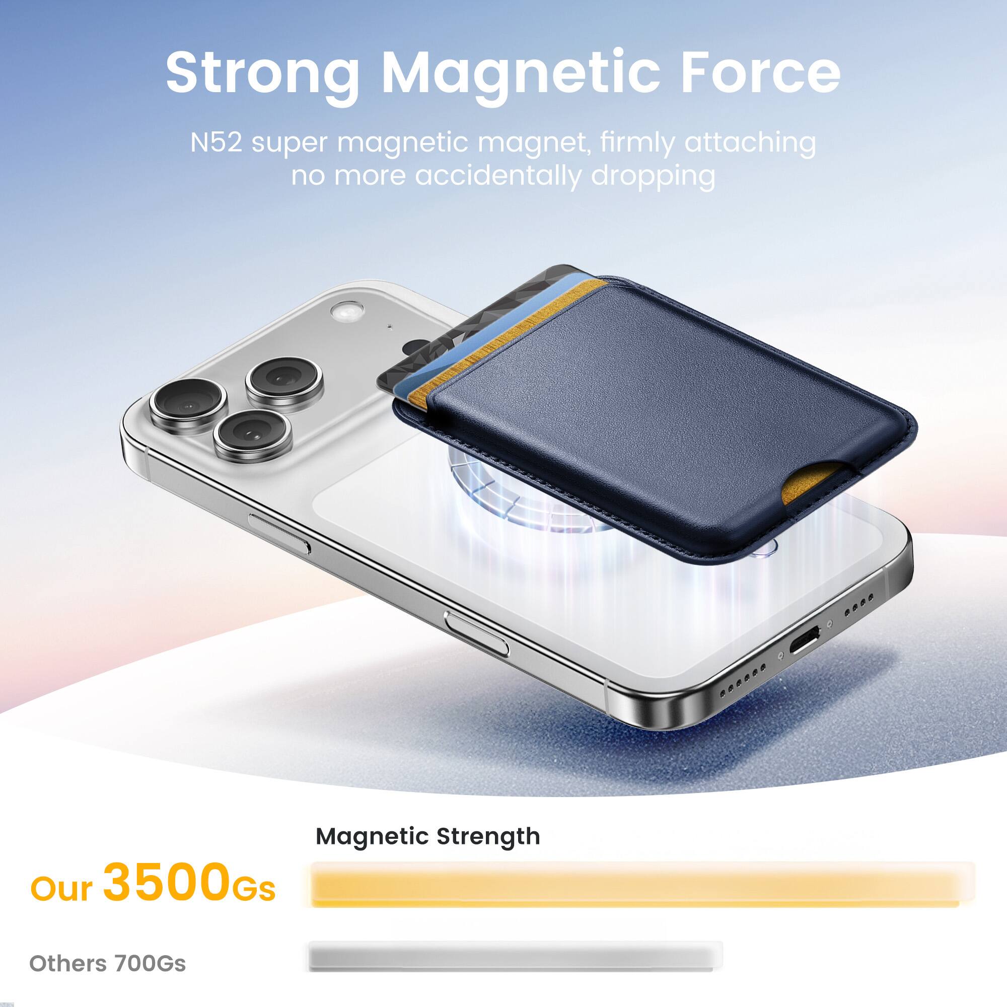 Strong Magnetic Force  
N52 super magnetic magnet, firmly attaching no more accidentally dropping  

Magnetic Strength  
Our 3500Gs  
Others 700Gs