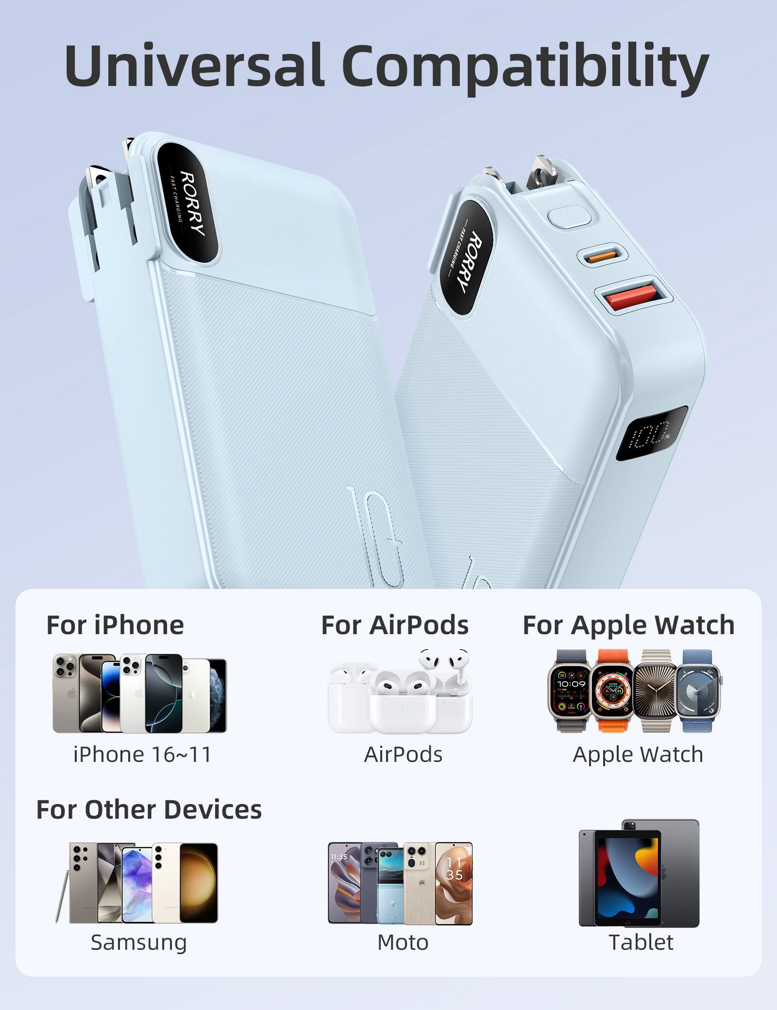 Universal Compatibility

FAST T CHARGING RORRY

For iPhone
For AirPods
For Apple Watch

For Other Devices

iPhone 16~11
AirPods
Apple Watch

Samsung
Moto
Tablet