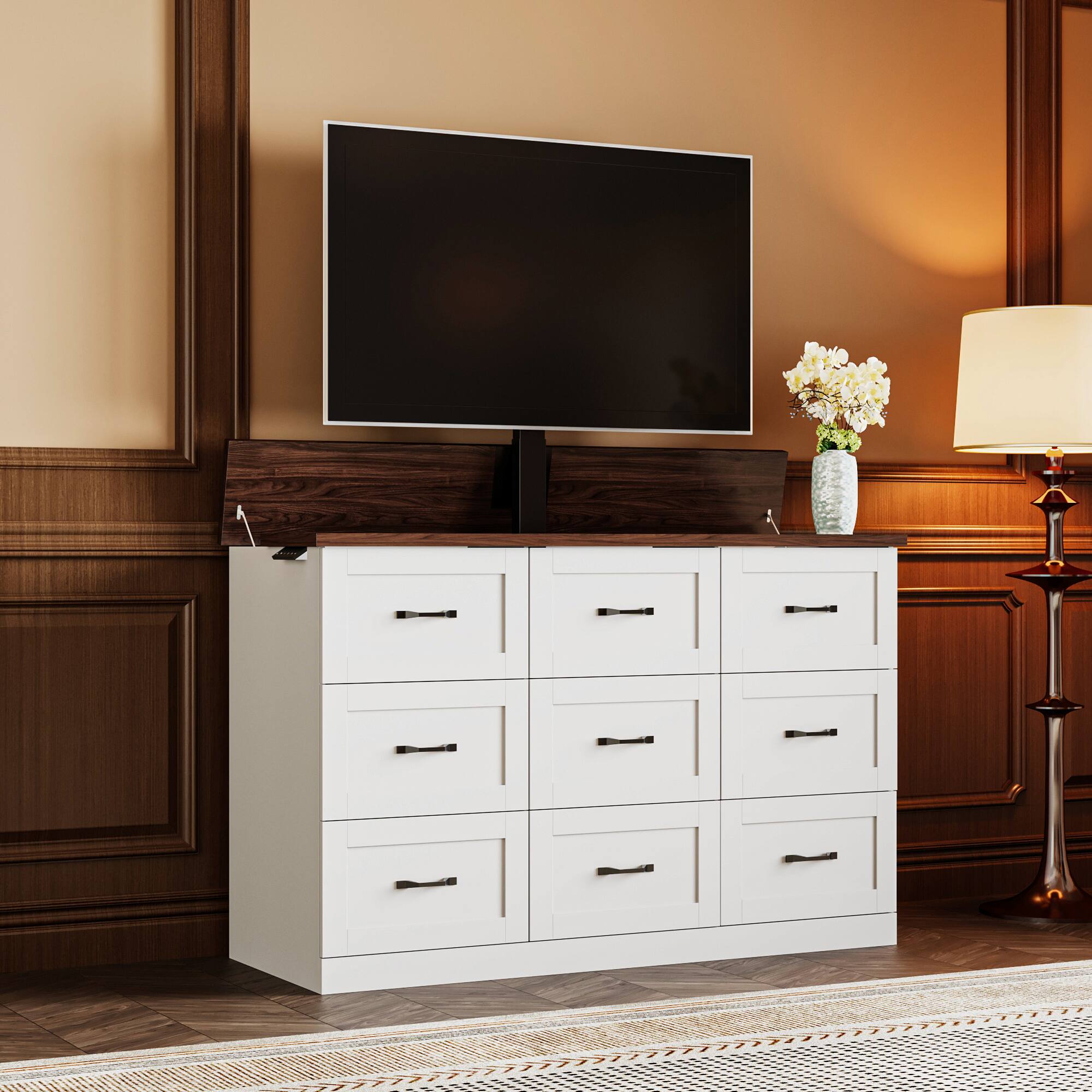 Angle. Famapy - Electric Lift TV Cabinet with Storage – Adjustable Height, Hidden Power, Modern Living Room Furniture for 65" TVs - Brown & White.