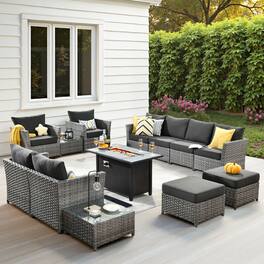 Ovios - 13 PCS Patio Furniture Set Sectional Sofa Comfy Armchair with Ottoman & 42" Fire Pit Table No Assembly Required - Black