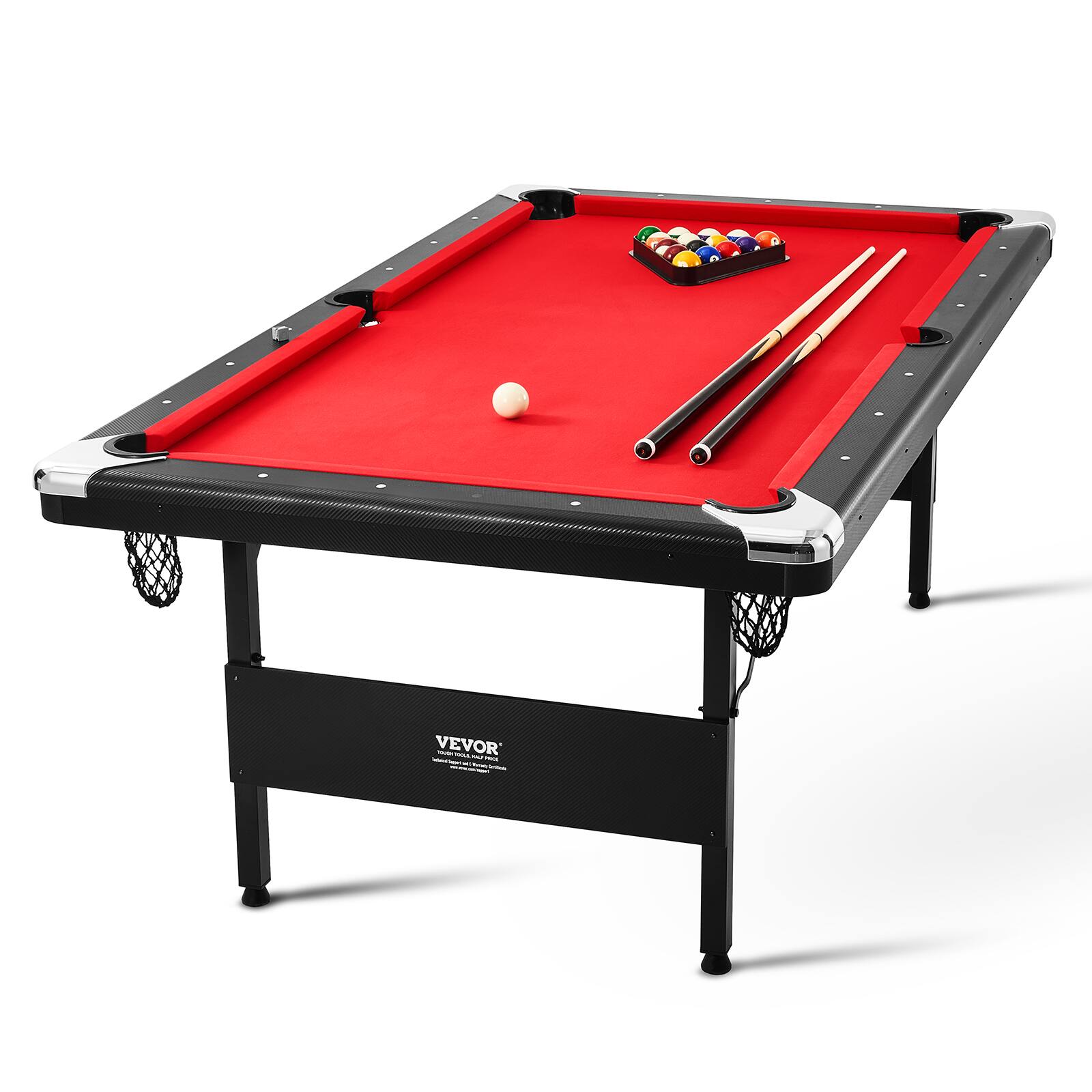 Front. VEVOR - Billiards Table, 7 ft Pool Table, Portable Foldable Space-Saving Table, Billiard Table Set Includes Balls, Cues - Red, Black.