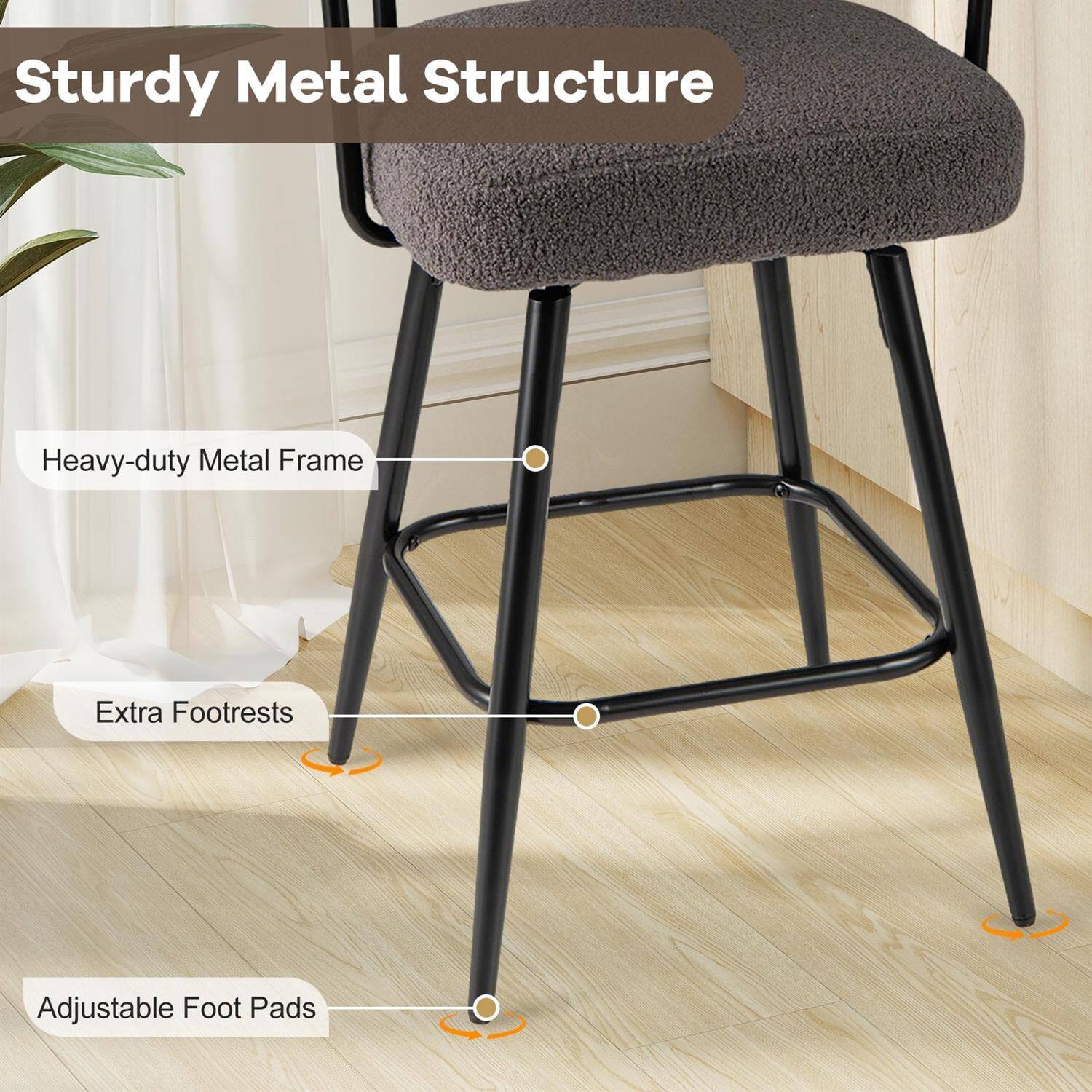 Sturdy Metal Structure  
Heavy-duty Metal Frame  
Extra Footrests  
Adjustable Foot Pads