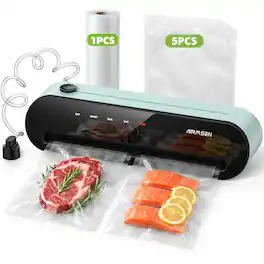 AIRMSEN - 5-In-1 Vacuum Sealer & Food Sealer, Ext. Port, Cutter, Pulse Vac, Manual Stop, 1 Roll + 5 Bags - Green
