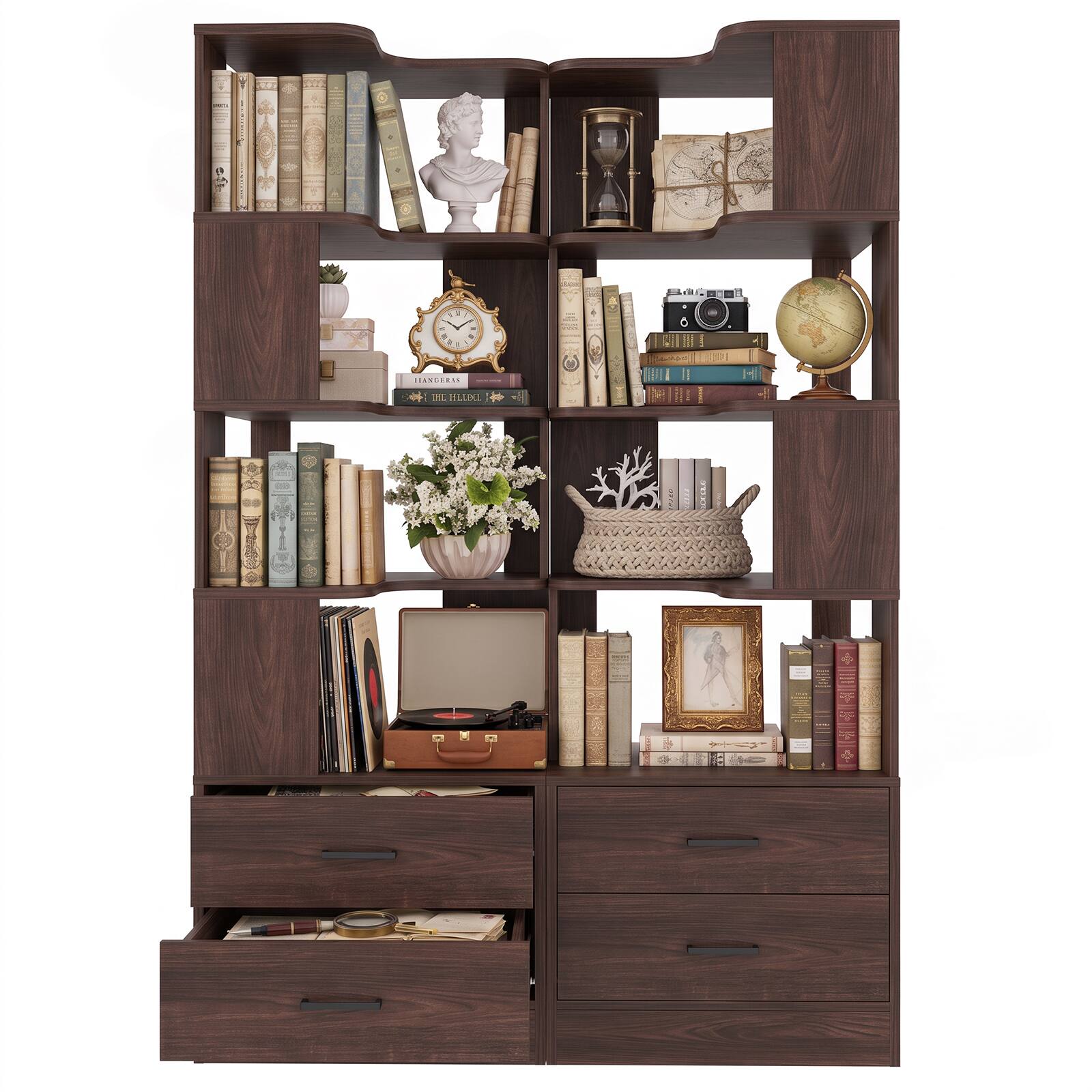Aheaplus 2 Piece Set 7 Tier L Shaped Corner Bookshelf with 2 Drawers ...