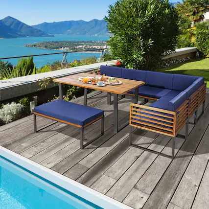 Front. Gymax - Gymax 8PCS Patio Dining Set Acacia Wood L Shaped Sectional Sofa Set w/ Navy Cushions - Navy.