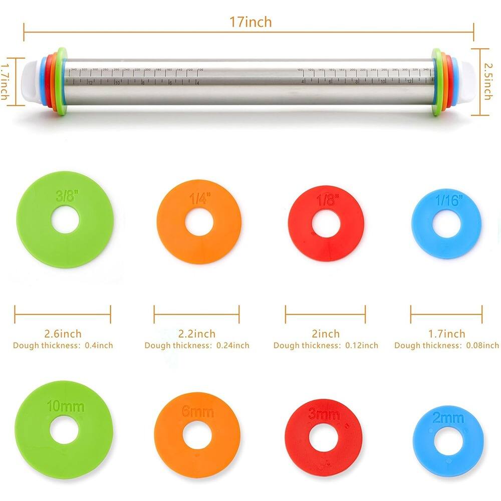 17 inch  
1.7 inch  
2.5 inch  

3/8"  
1/4"  
1/8"  
1/16"  

2.6 inch  
Dough thickness: 0.4 inch  

2.2 inch  
Dough thickness: 0.24 inch  

2 inch  
Dough thickness: 0.12 inch  

1.7 inch  
Dough thickness: 0.08 inch  

10mm  
6mm  
3mm  
2mm