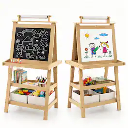 Costway - Kids Art Easel Double Sided Chalkboard Magnetic Whiteboard with Storage Tray - Natural
