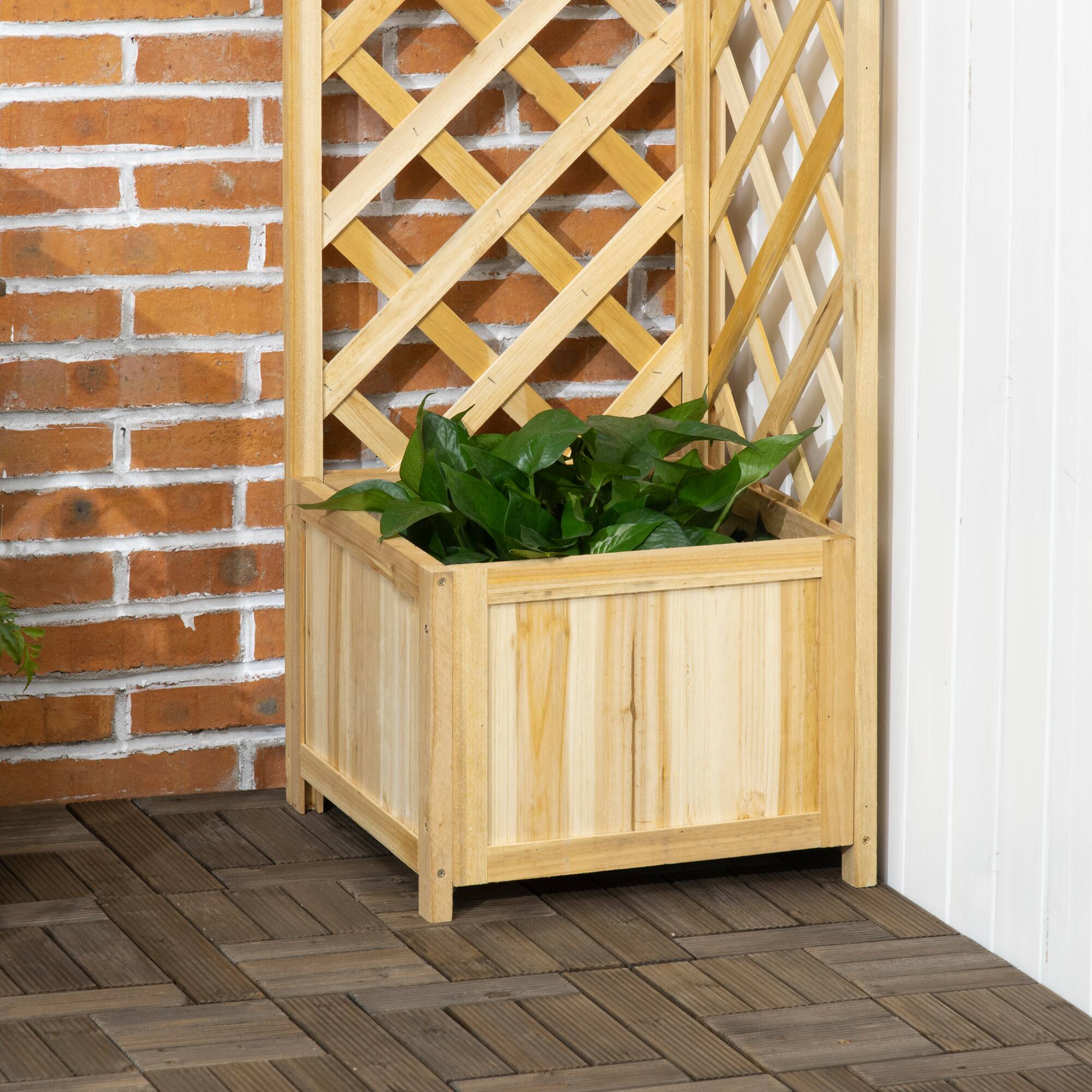 Alt View 7. Outsunny - Raised Garden Bed, Planter with Trellis for Vine Climbing and Vegetables - Natural wood.