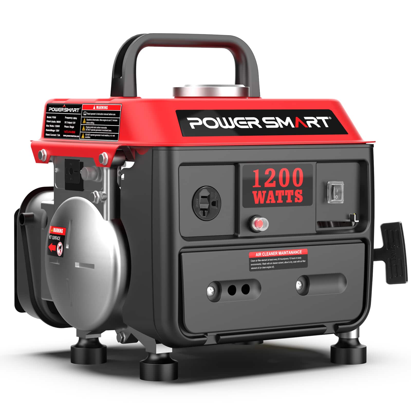 POWERSMART - 1200W Gas Fuel Generator Portable for Camping Outdoor, Low Noise with AC Outlet - Red