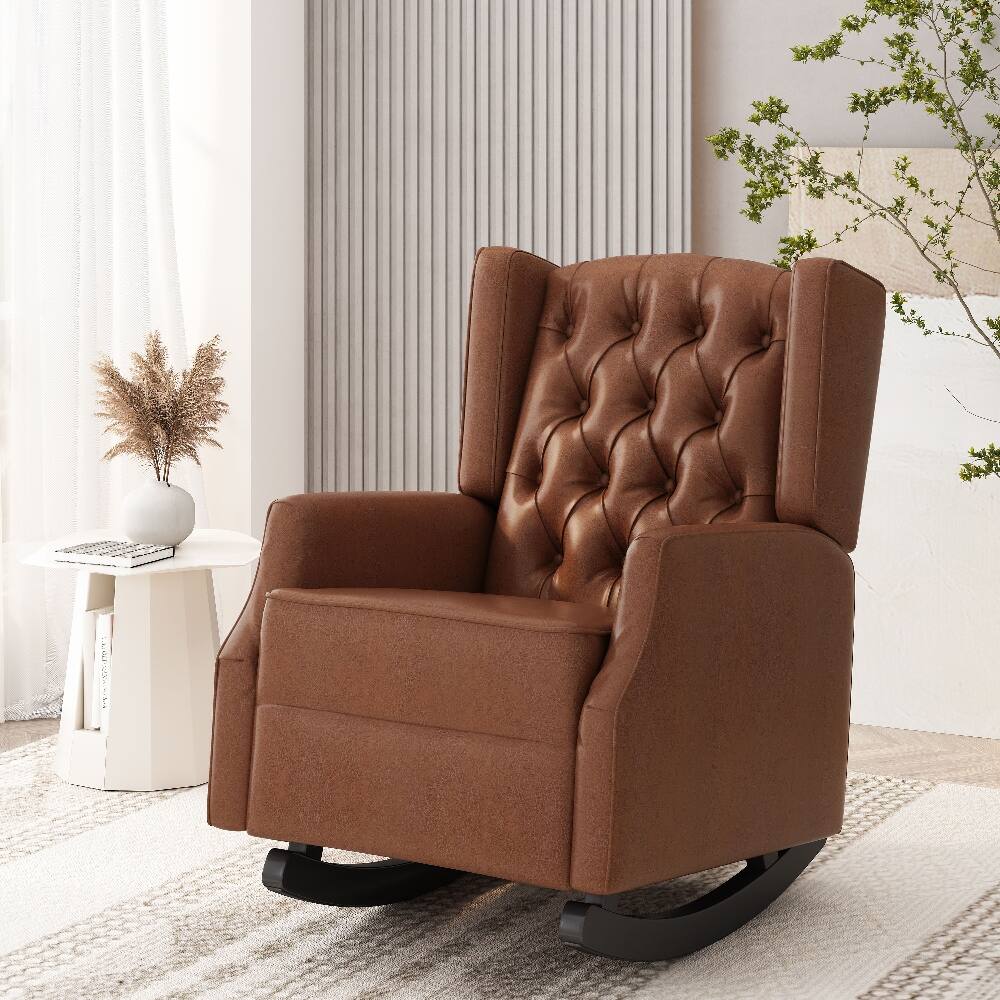 Left. Loheer - Loheer Rocking Chair Nursery Wingback Solid Wood Armchair - Cognac.