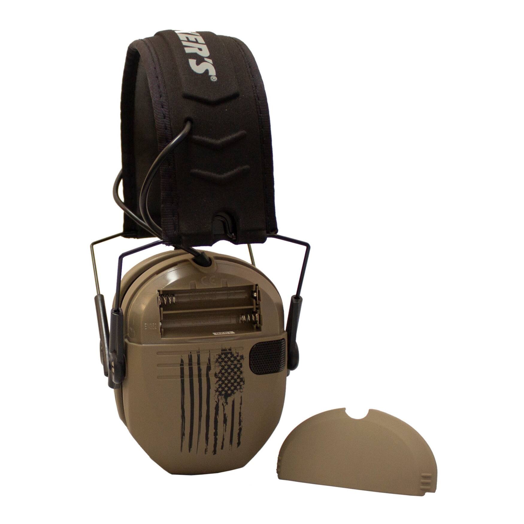 Back. Walkers - Walker's Razor Slim Electronic Hearing Muff (Distressed Flag) & Attachments - Beige.