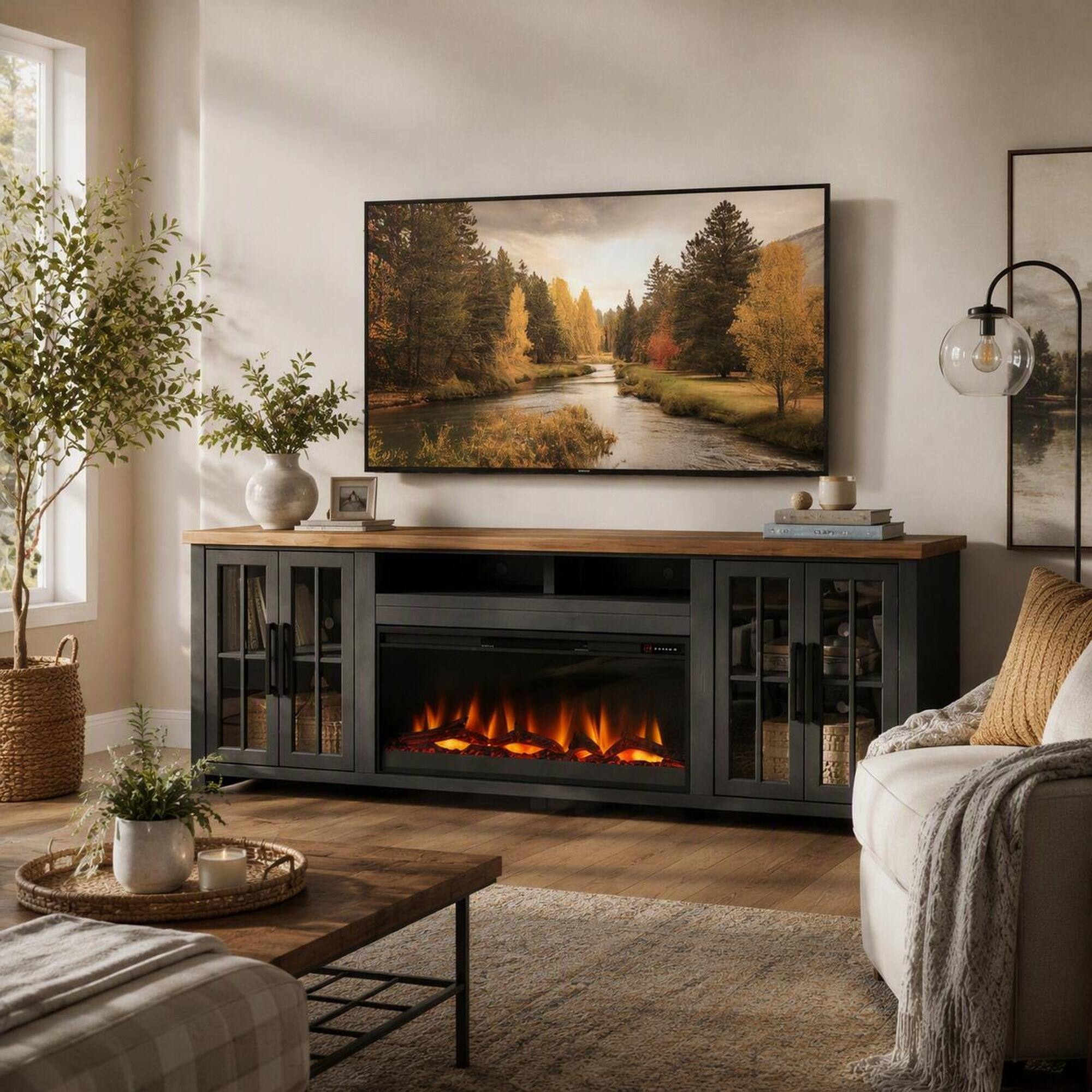 Angle. RYHNUYNE - 97 Inch Farmhouse Fireplace TV Stand, Fits Up To 100 Inch TVs For Spacious Living Room Media Storage Decor - Black.