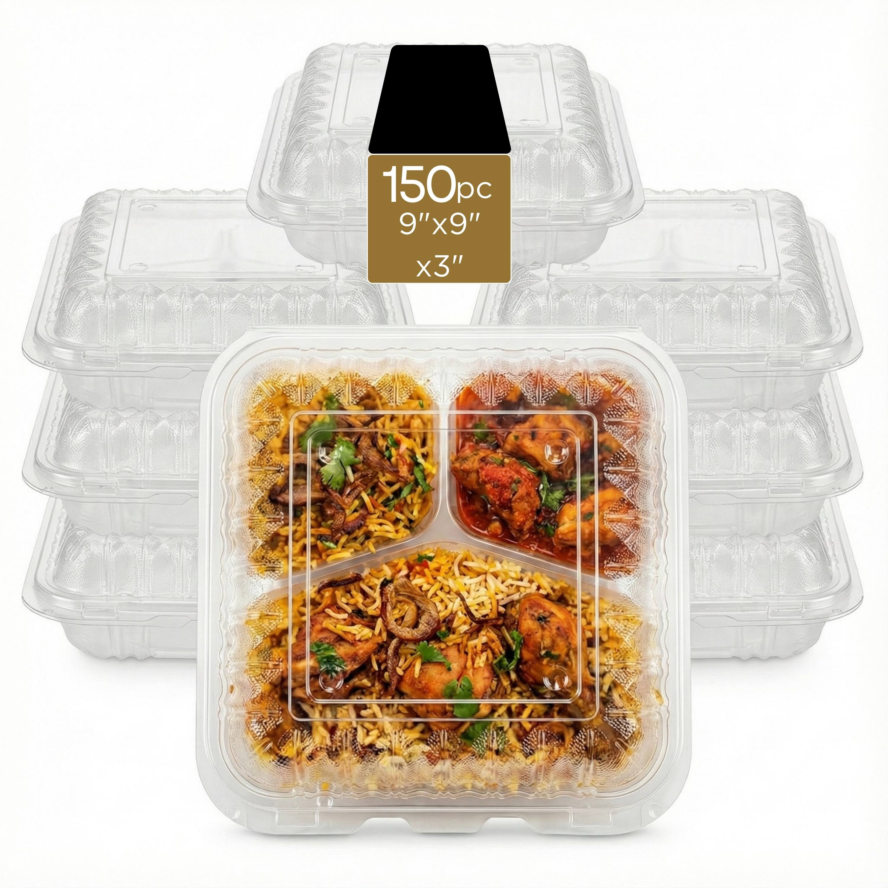 Eco Harmony Products - Hinged Container (PP), Translucent, Vented, 3-compartment, 9" x 9", 150-Pack - Clear