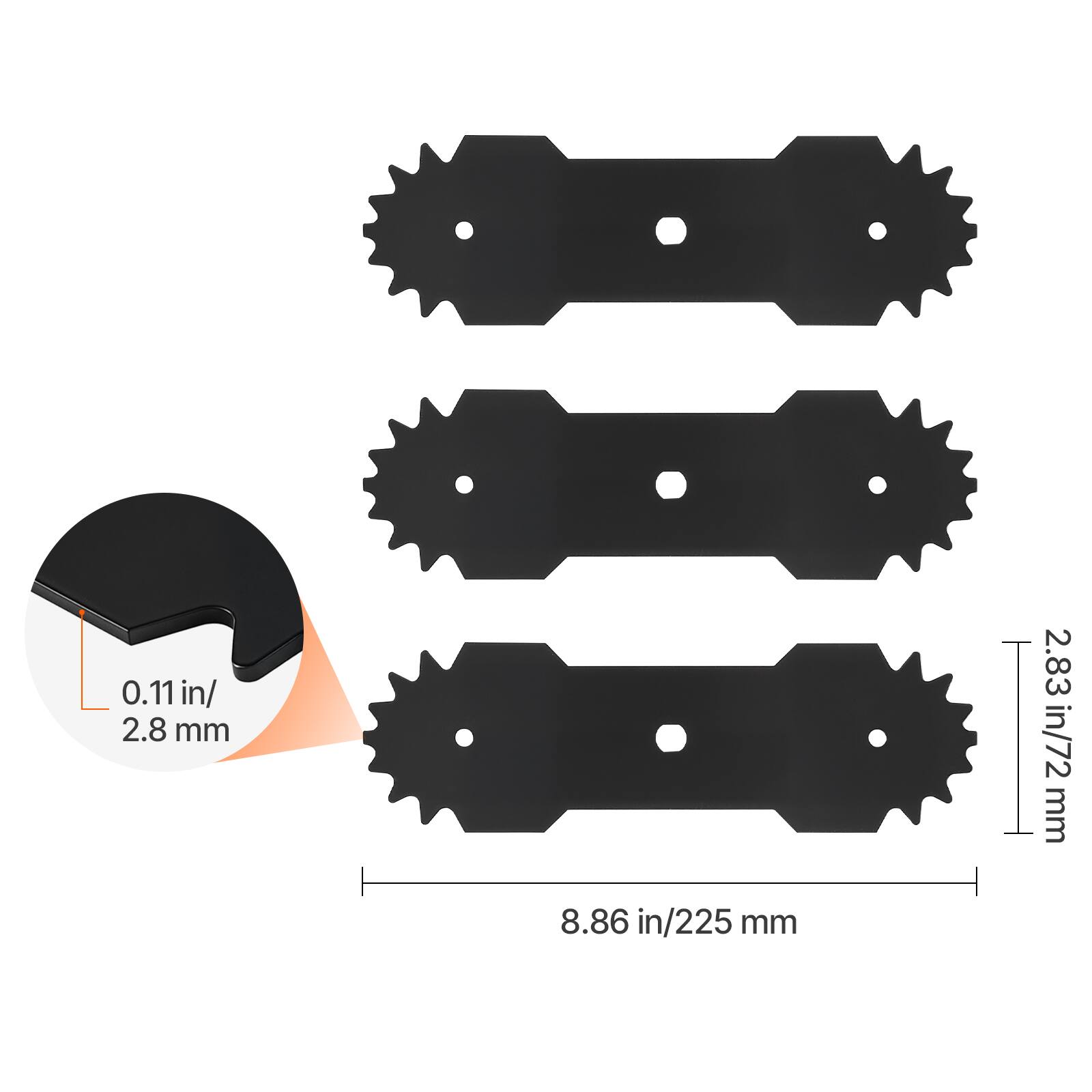 0.11 in / 2.8 mm  
2.83 in / 72 mm  
8.86 in / 225 mm