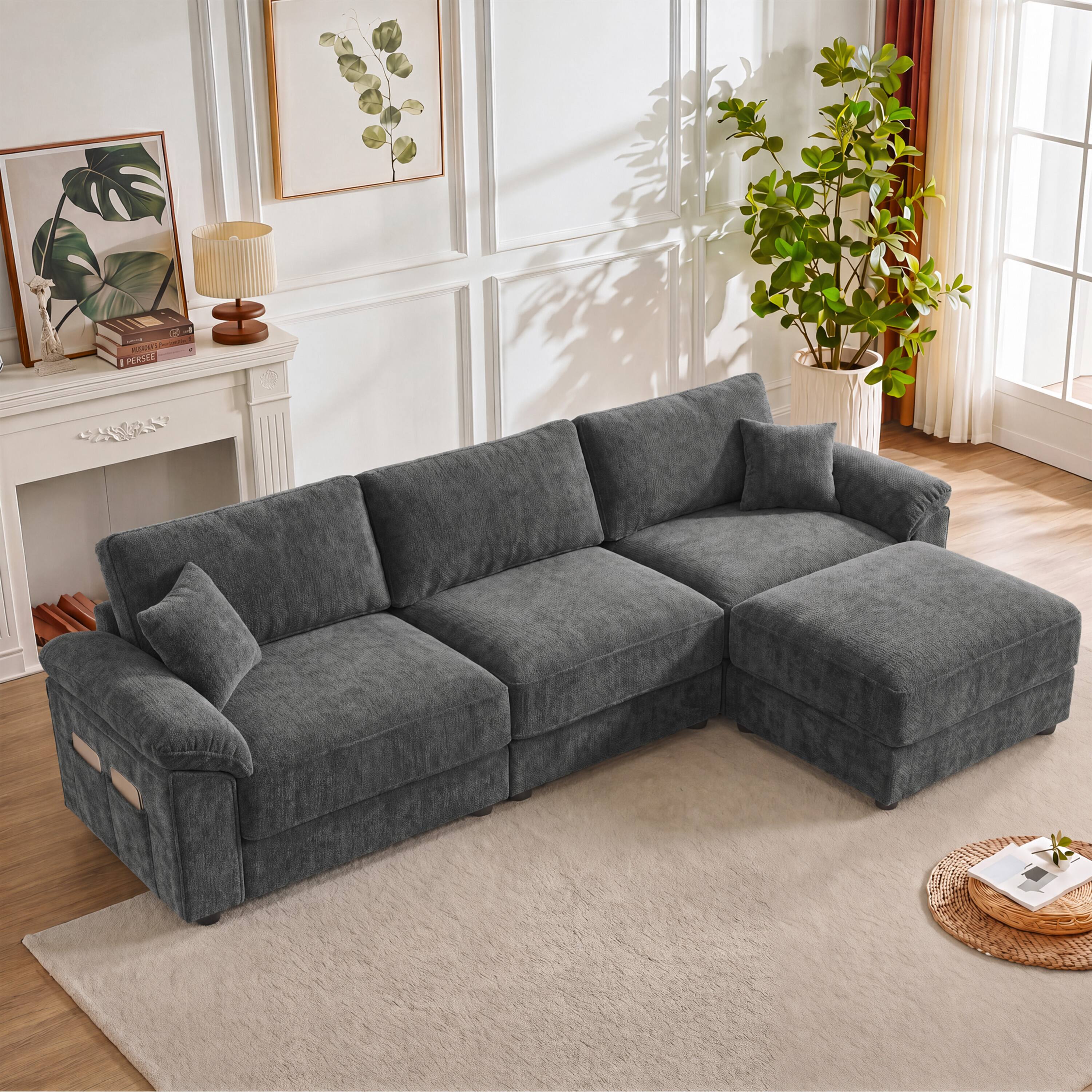 Dyonery - 118" Modular L Shaped Sectional Sofa with Reversible Chaise,  Chenille Cloud Couch with Side Storage Pockets - Gray