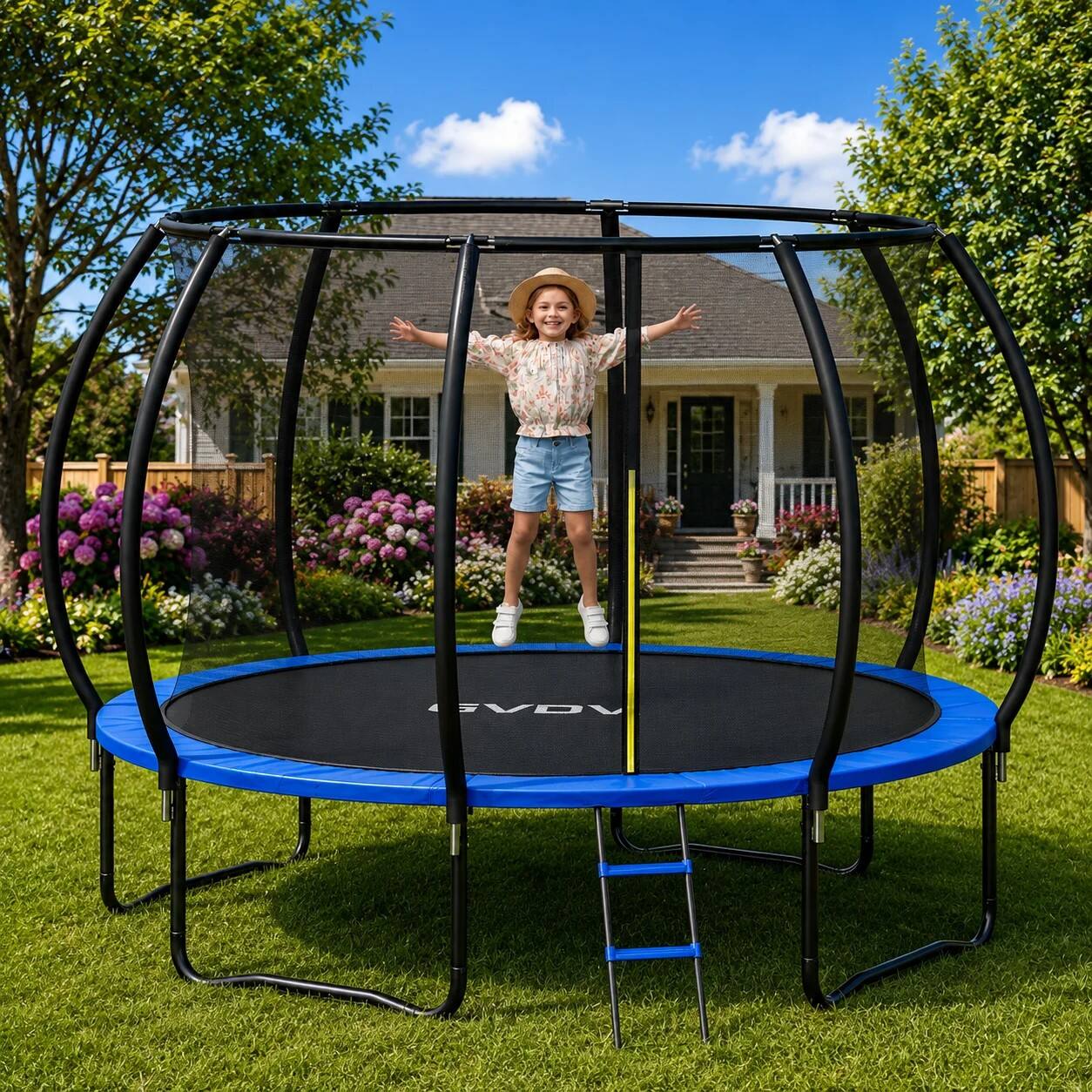 Angle. GVDV - Outdoor Trampoline, 10ft Backyard Recreational Trampoline with Enclosure for Kids & Adults - Blue.