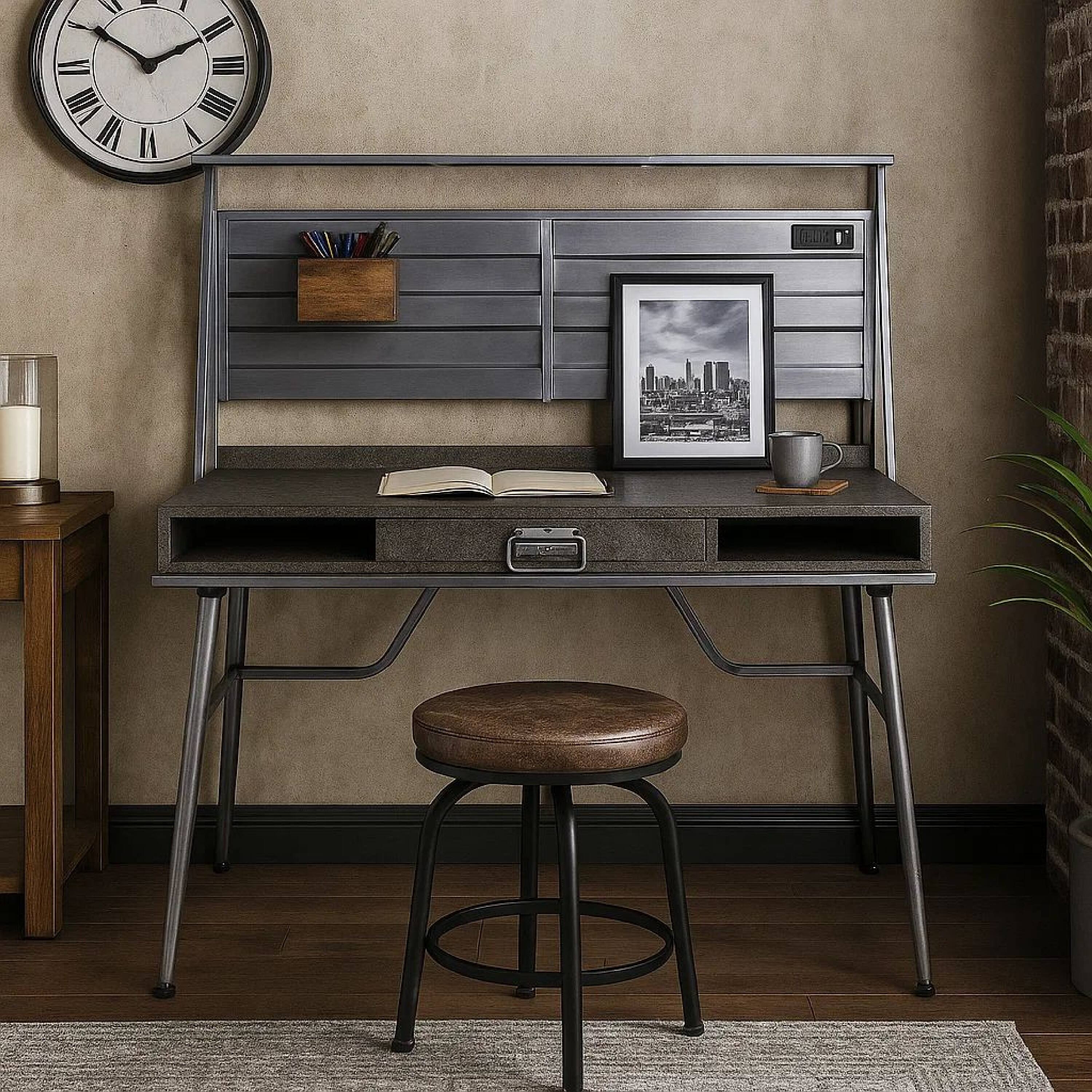 Alt View 4. Manhattan Lane - Corrugated Back Metal Frame Desk with USB Docks, Gray and Silver - Gray and Silver.