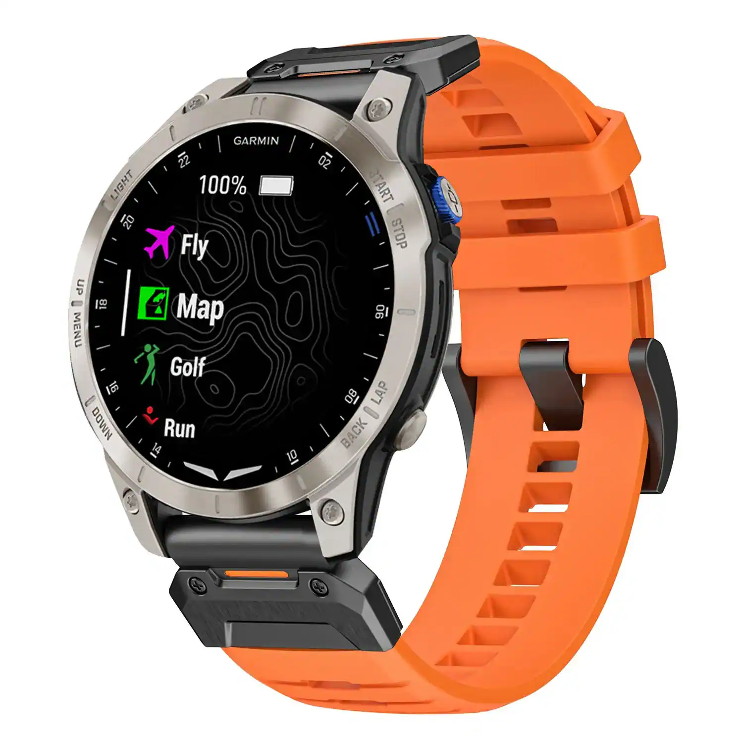 2 11 GARMIN 22 LIGHT 100% 20 Fly UP 18 Map 1 MENU Golf  DOWN Run 14 10 oz START STOP I 06 80 LAP - BACK E

Corrected text:
2 11 GARMIN 22 LIGHT 100% 20 Fly UP 18 Map 1 MENU Golf DOWN Run 14 10 oz START STOP I 06 80 LAP - BACK E