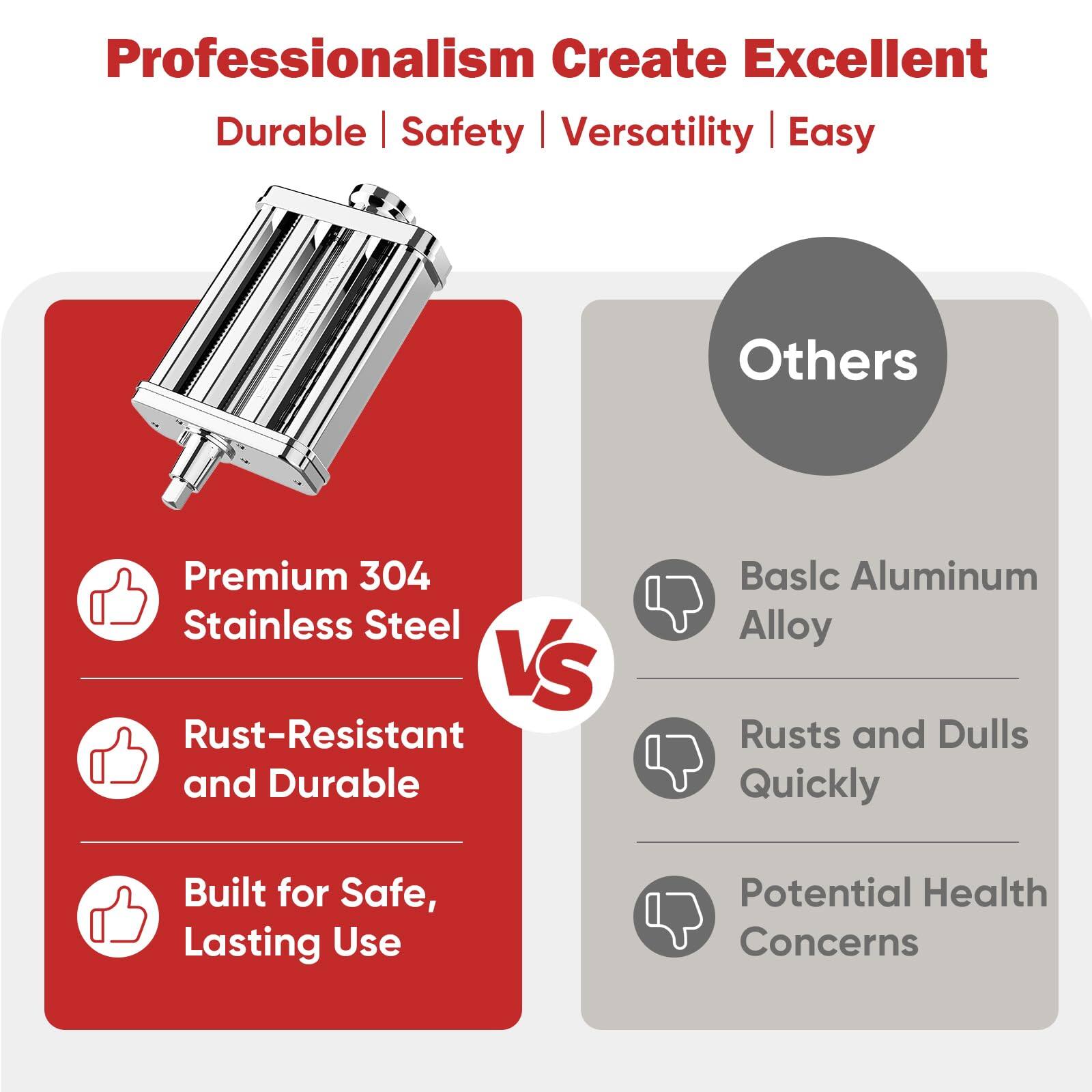 **Professionalism Create Excellent**

**Durable | Safety | Versatility | Easy**

---

**Premium 304 Stainless Steel**

- Rust-Resistant and Durable
- Built for Safe, Lasting Use

---

**VS**

---

**Others**

- Basic Aluminum Alloy
- Rusted and Dulls Quickly
- Potential Health Concerns