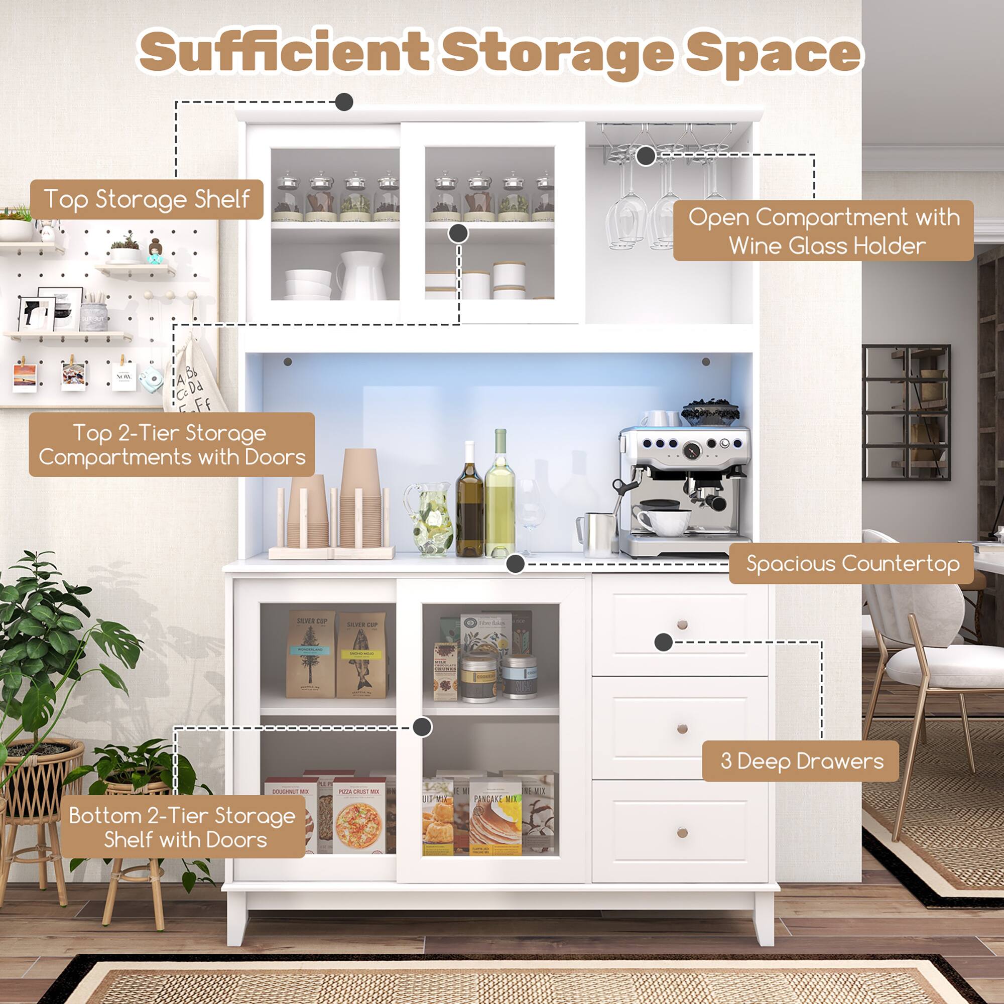 Sufficient Storage Space

- Top Storage Shelf
- Open Compartment with Wine Glass Holder
- Top 2-Tier Storage Compartments with Doors
- Spacious Countertop
- Bottom 2-Tier Storage Shelf with Doors
- 3 Deep Drawers
