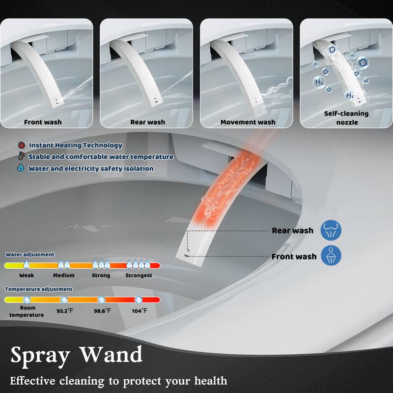 H2O

- Front wash
- Rear wash
- Movement wash
- Self-cleaning nozzle

Instant Heating Technology
Stable and comfortable water temperature
Water and electricity safety isolation

Water adjustment:
- Weak
- Medium
- Strong
- Strongest

Temperature adjustment:
- Room temperature: 93.2°F
- 98.6°F
- 104°F

Spray Wand
Effective cleaning to protect your health