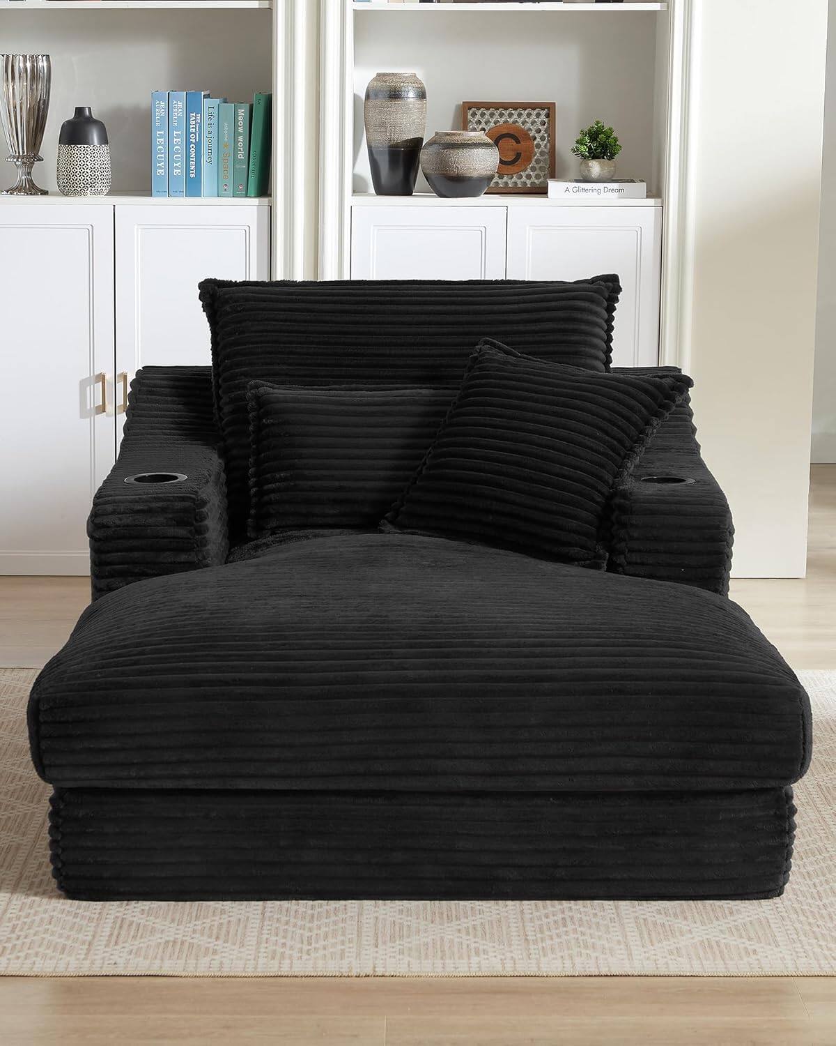 Trinkets Crazed - 48" W Upholstered Corduroy Sofa Chaise Lounge Chair Indoor with Cup Holders - Black