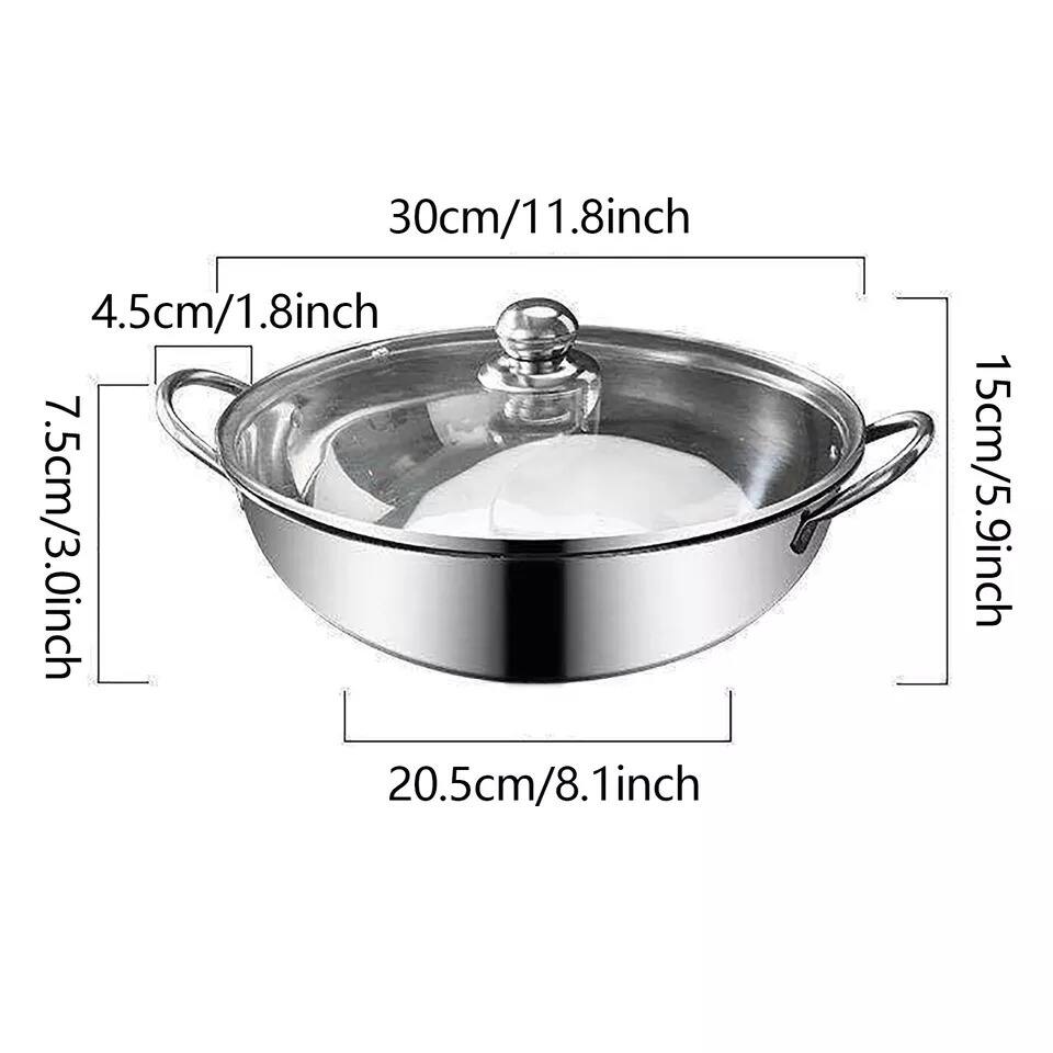 - Diameter: 30cm / 11.8 inch
- Height: 15cm / 5.9 inch
- Rim Height: 20.5cm / 8.1 inch
- Handle Width: 7.5cm / 3.0 inch
- Lid Diameter: 4.5cm / 1.8 inch