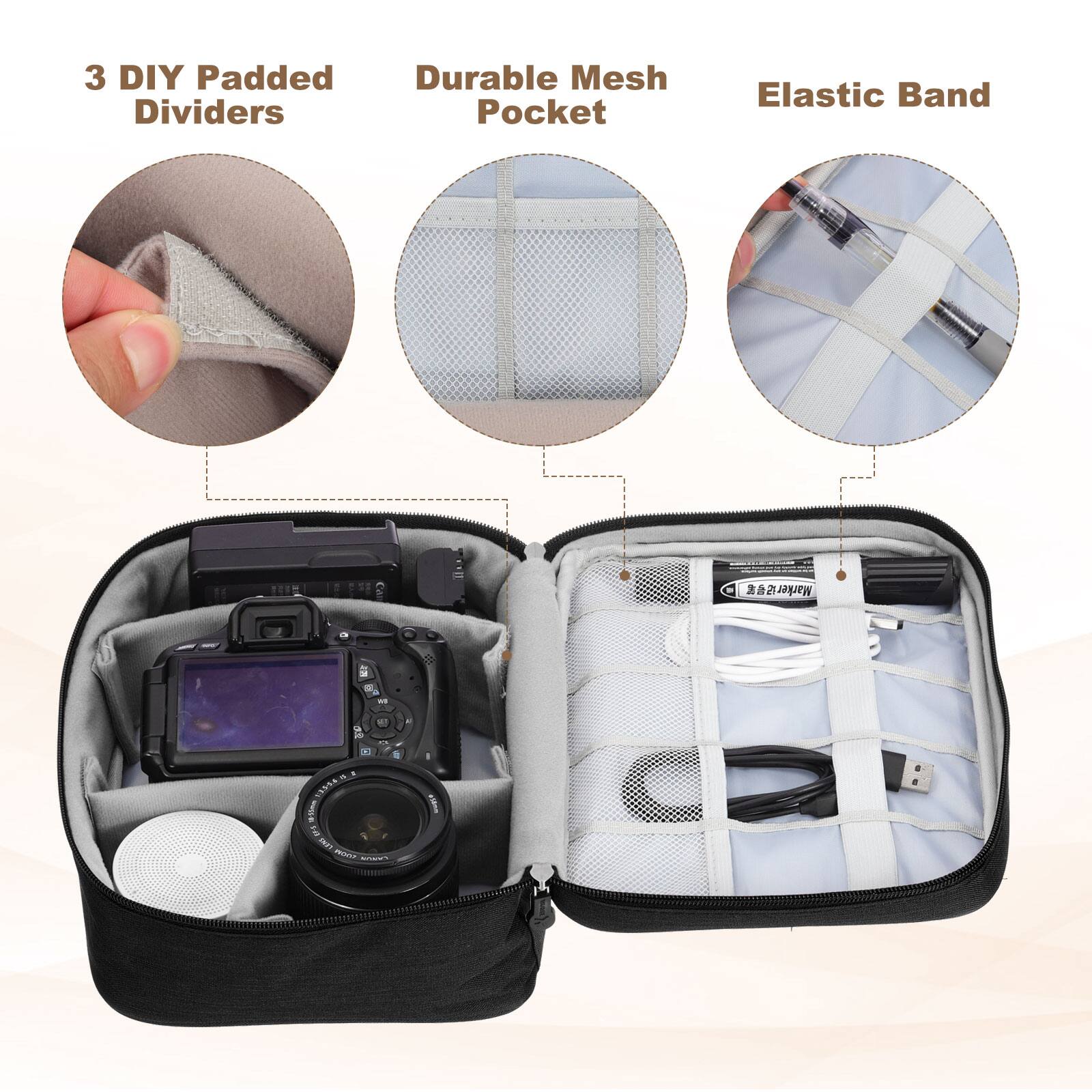 3 DIY Padded Dividers  
Durable Mesh Pocket  
Elastic Band