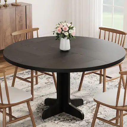 Front. MAGICAL RUBS - Round Dining Table For 4 47 Inches Room With Wooden Base Circle Kitchen Dinner Living (table Only) Black - Black.