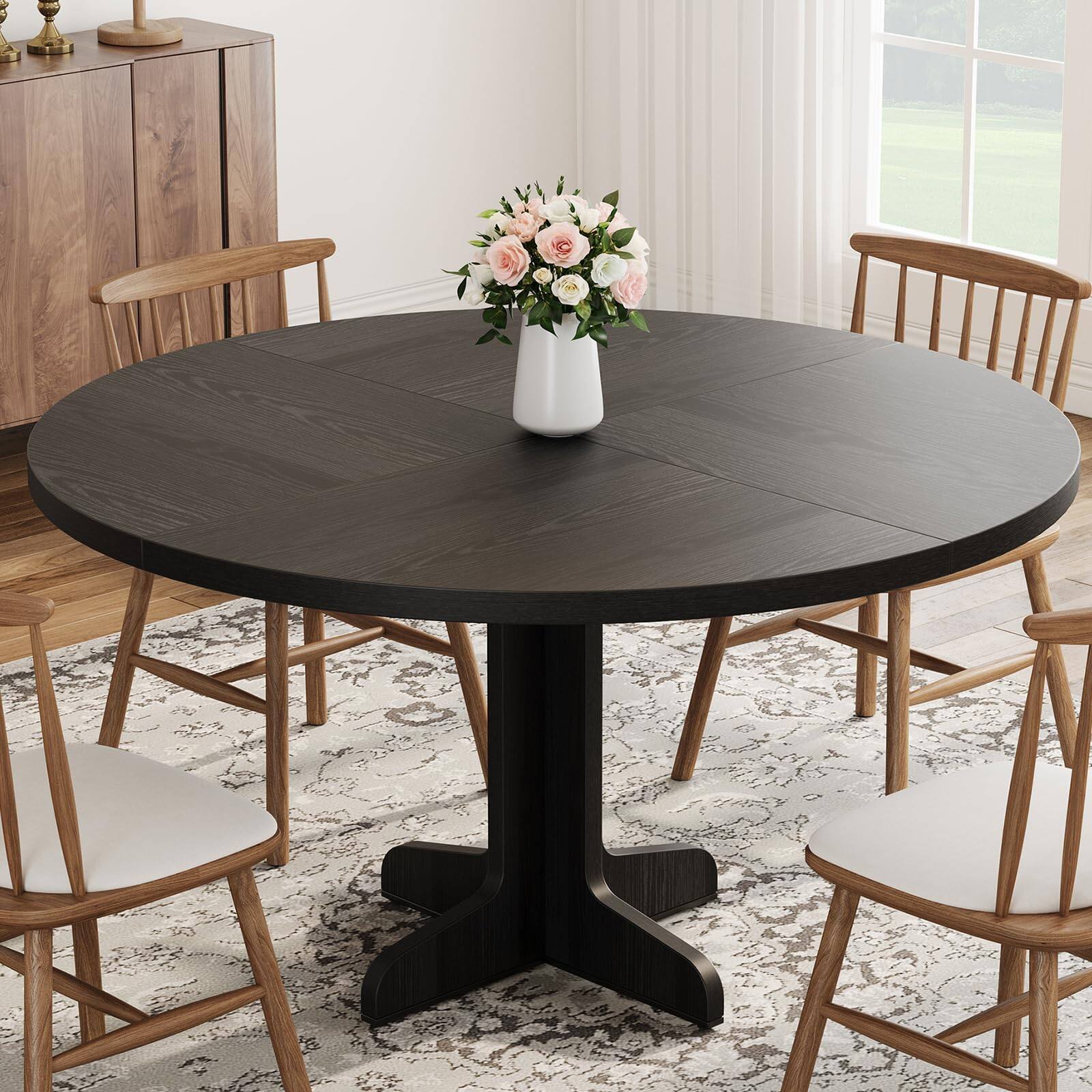 Front. MAGICAL RUBS - Round Dining Table For 4  47 Inches Room With Wooden Base Circle Kitchen Dinner Living (table Only) Black - Black.