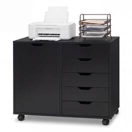 Costway - 5 Drawer Storage Cabinet on Wheels with Door and Adjustable Shelf for Home Office - Black