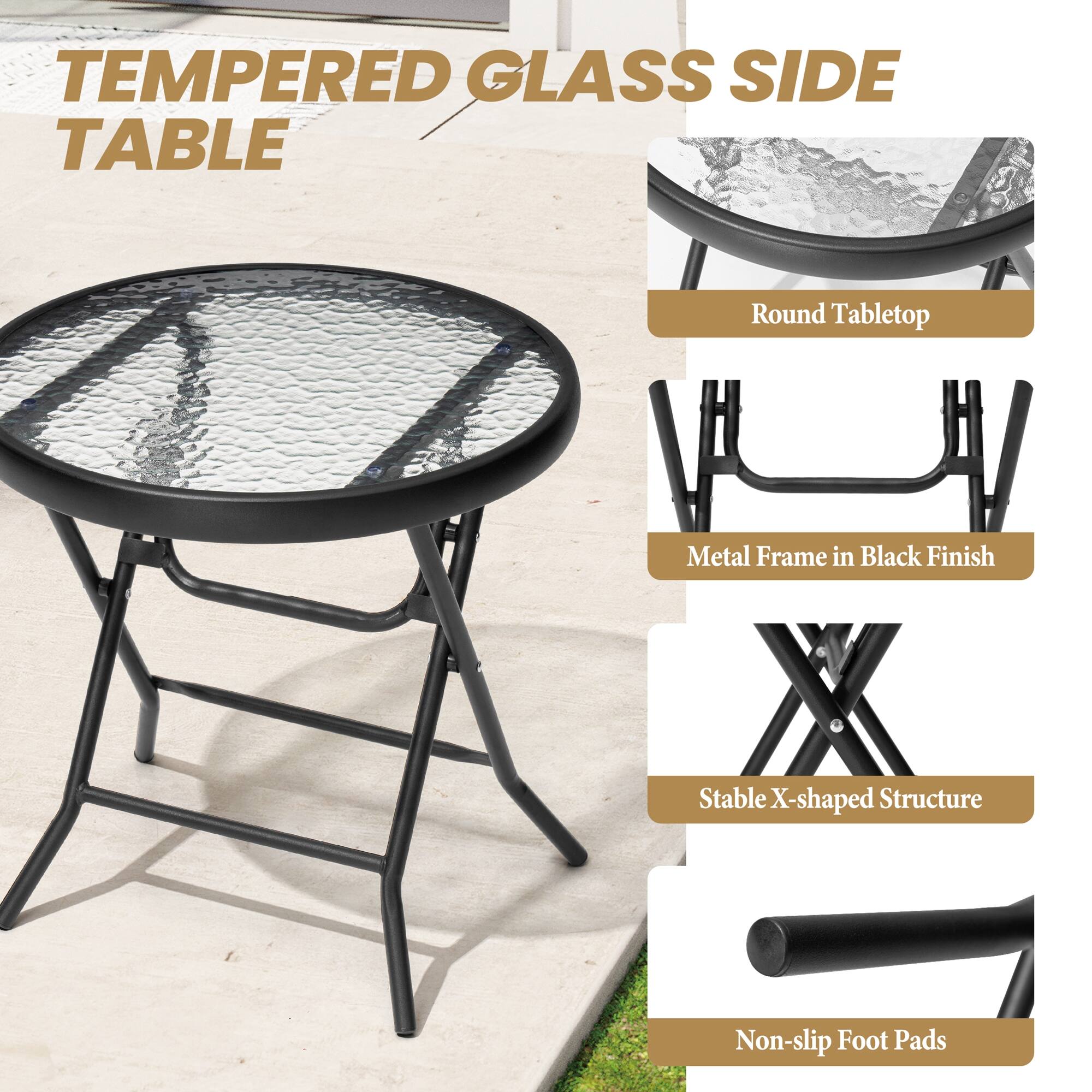 TEMPERED GLASS SIDE TABLE

- Round Tabletop
- Metal Frame in Black Finish
- Stable X-shaped Structure
- Non-slip Foot Pads