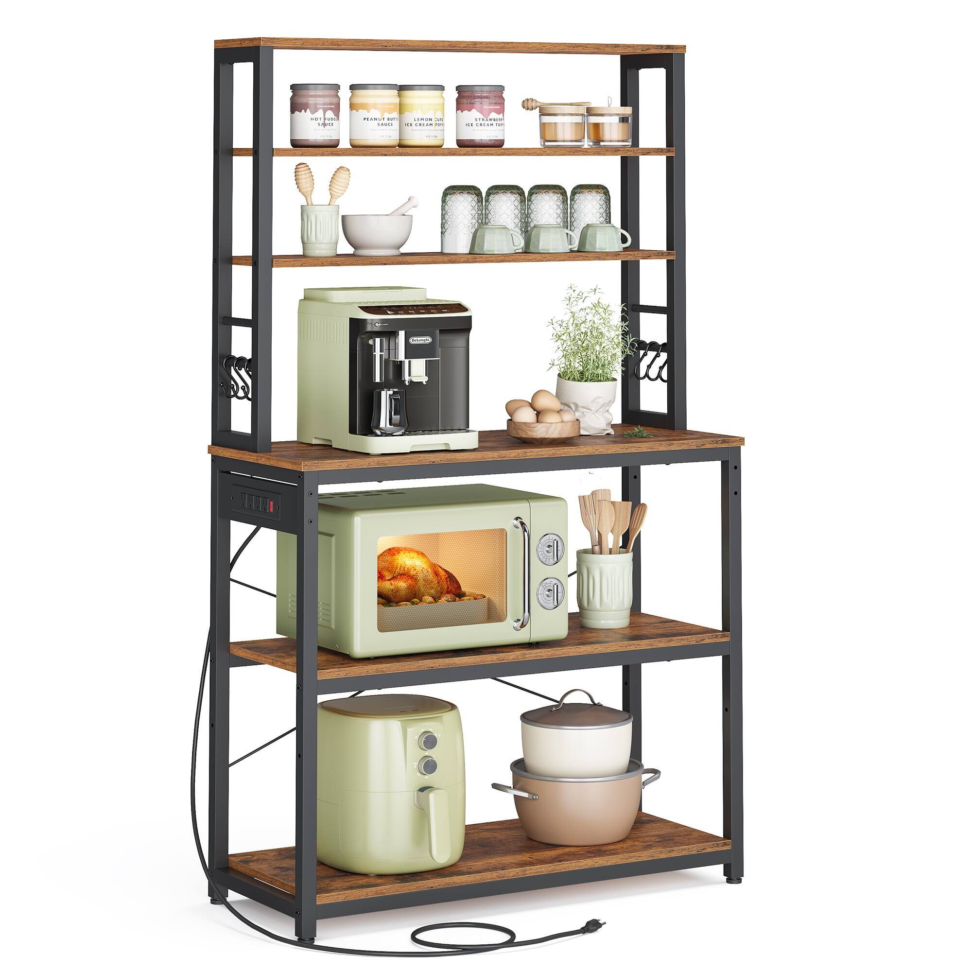 Front. Songmics Home - Bakers Rack with Power Outlet, 31.5 Inches Coffee Bar for Kitchen Storage, 6-Tier Kitchen Shelves with 6 Hooks - Rustic Brown and Black.