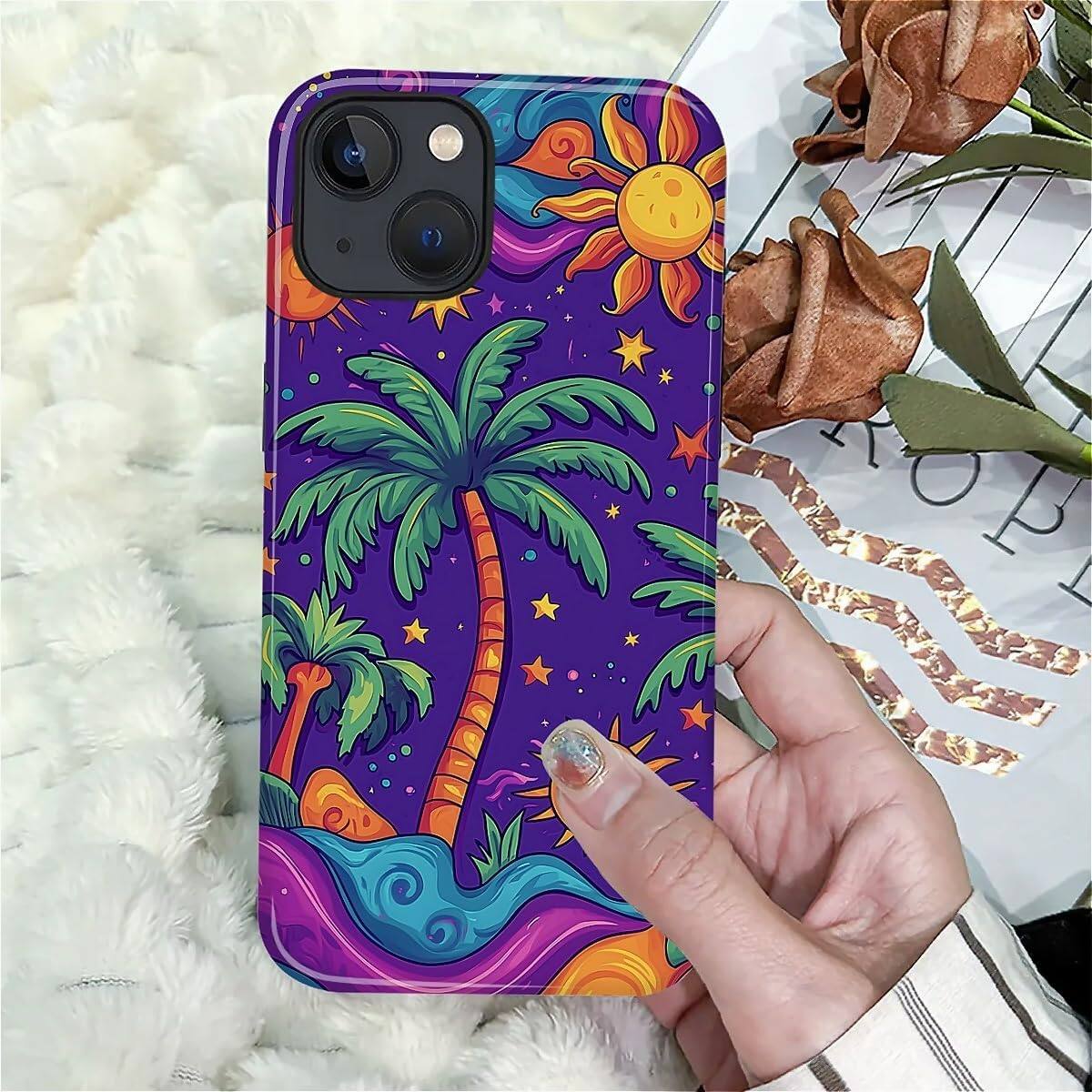 Alt View 5. Wikistore - Case for iPhone 14/13 - Hybrid 2-Layer Durable Smartphone Protection Case - Palm Trees Stars Sun.