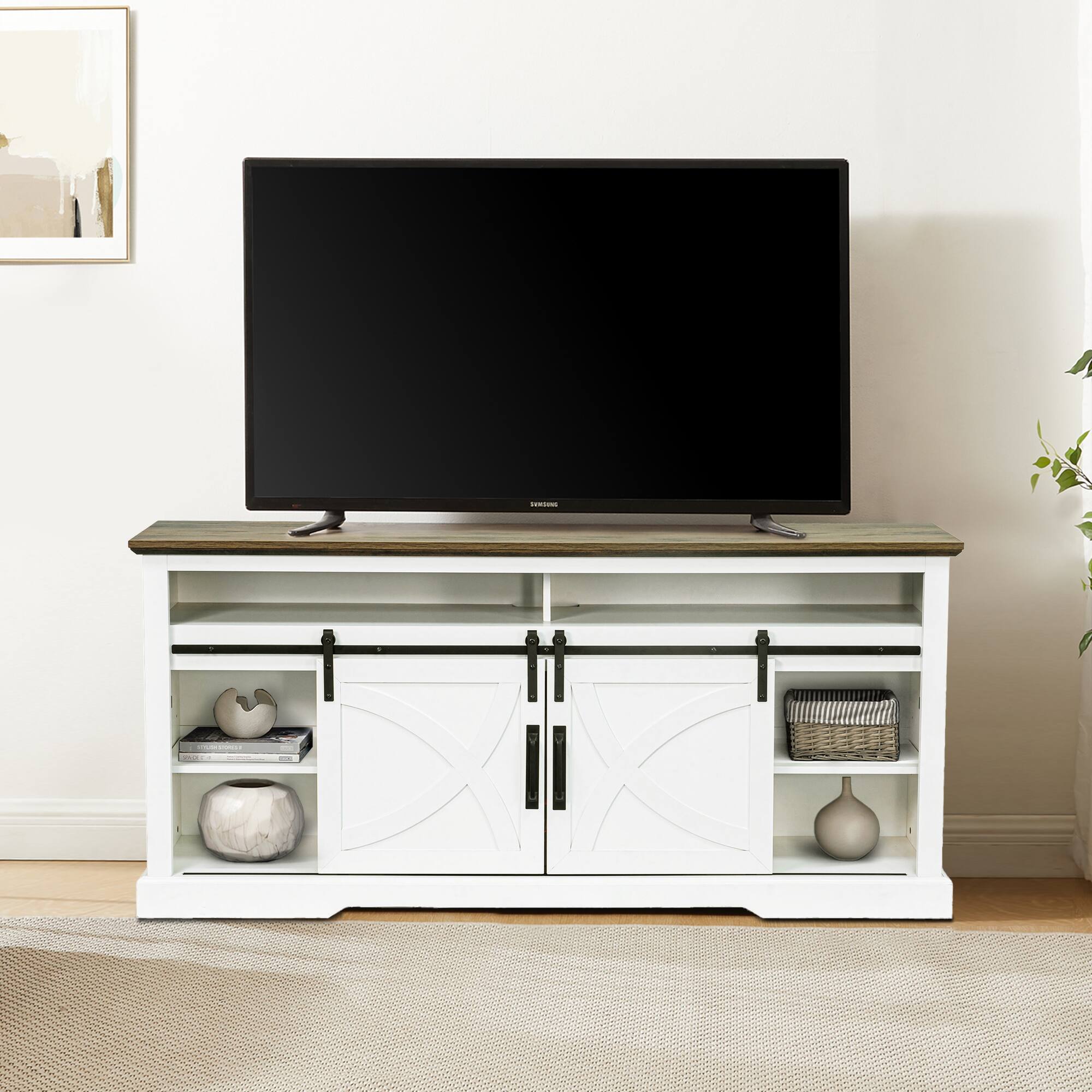 Left. Ihomeadore - 68" TV Stand with Open Storage Shelves and Cabinets Media Console for TVs up to 78" - White.