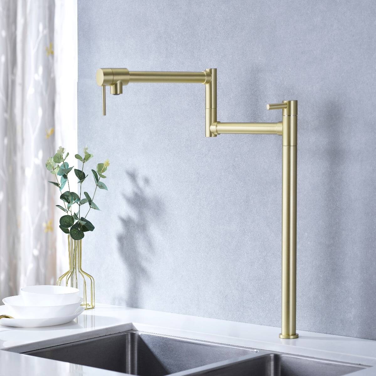 Alt View 9. Ropilly - Ropilly Wall Mount Pot Filler Faucet, Brass Pot Filler Faucet in Gold With Double Handles and Swivel Arm - Gold.