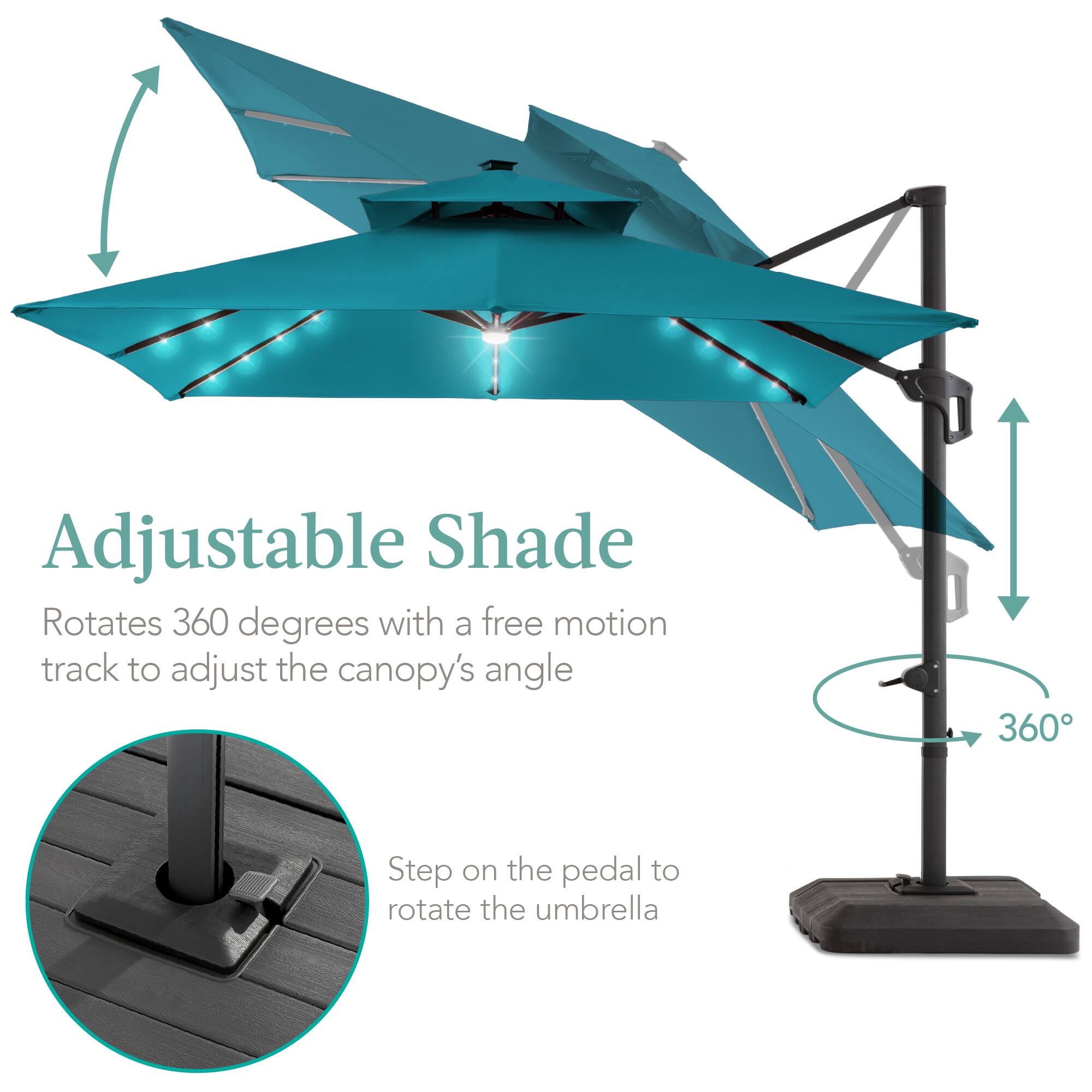Adjustable Shade  
Rotates 360 degrees with a free motion track to adjust the canopy's angle  

Step on the pedal to rotate the umbrella
