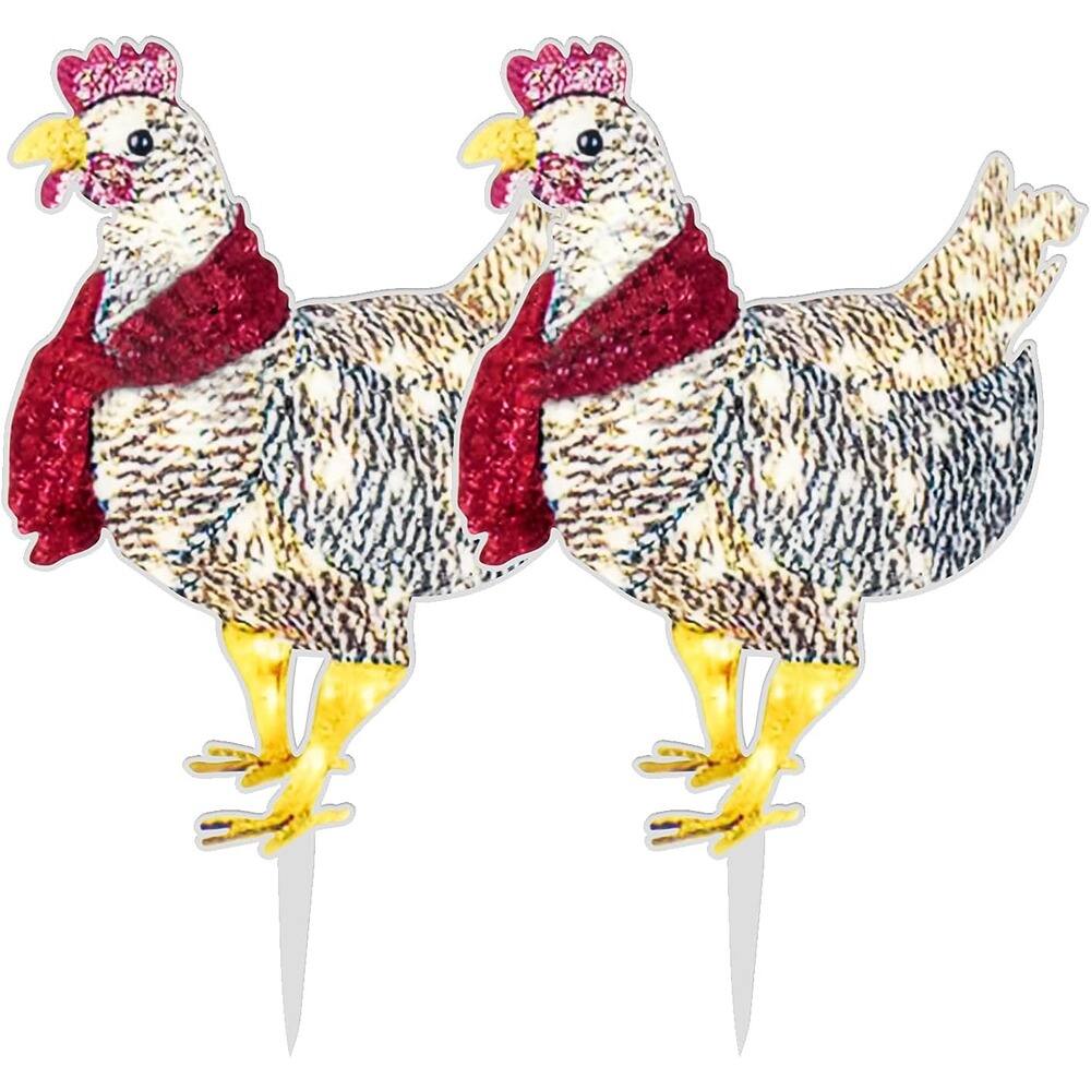 Front. Schertz - 2 PCS Medium Light-Up Chicken with Scarf, LED Christmas Yard Decoration - Red.