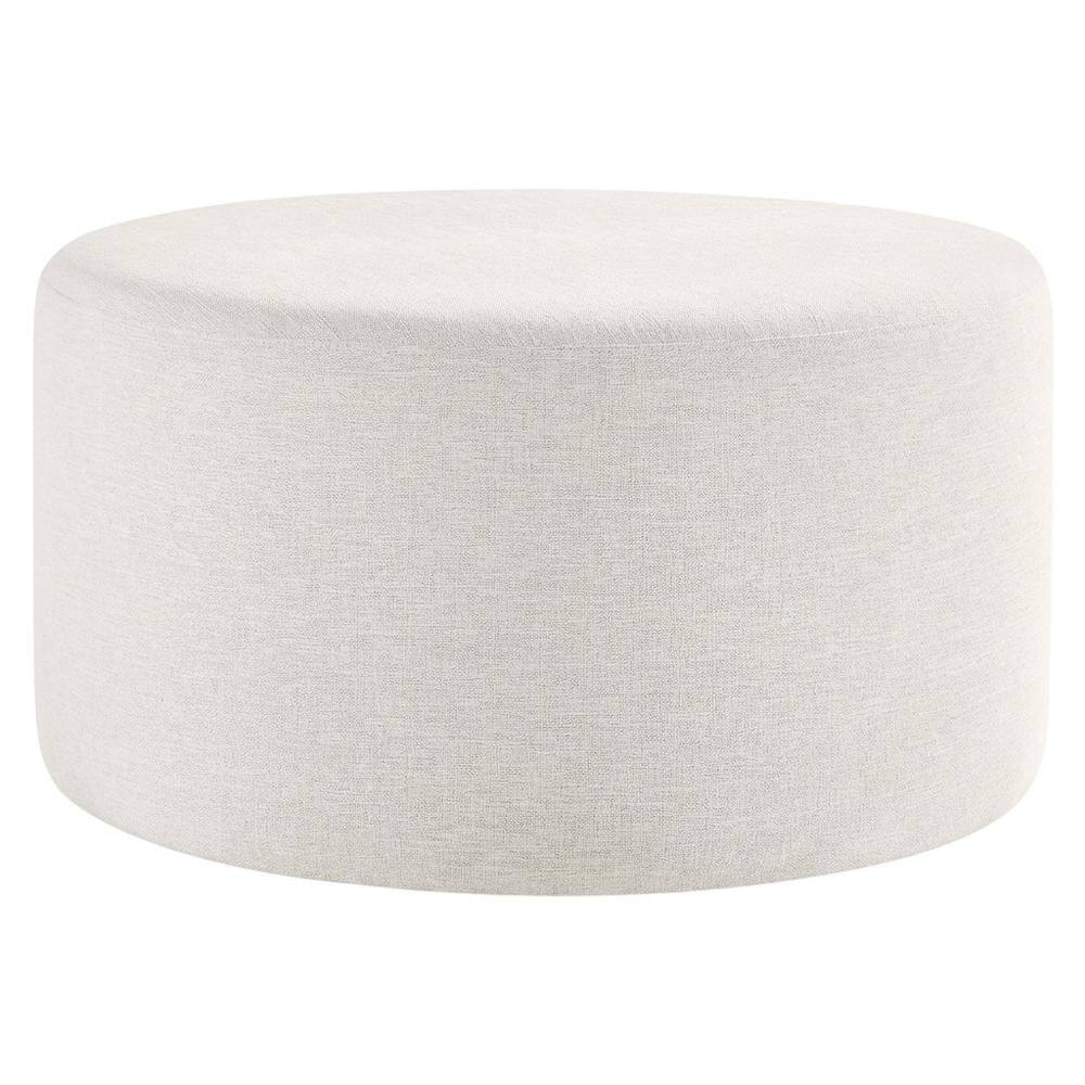 Back. Outdoor Escape - Round Heathered Fabric Upholstered Ottoman for Outdoor Spaces - White.