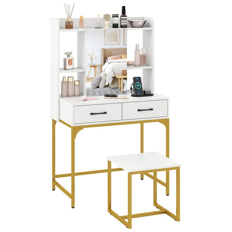 WELLFOR - Makeup Vanity Desk with Mirror Door Cabinet,Charging Station,2 Drawers and Matching Stool for Bedroom Dorm Apartment - White