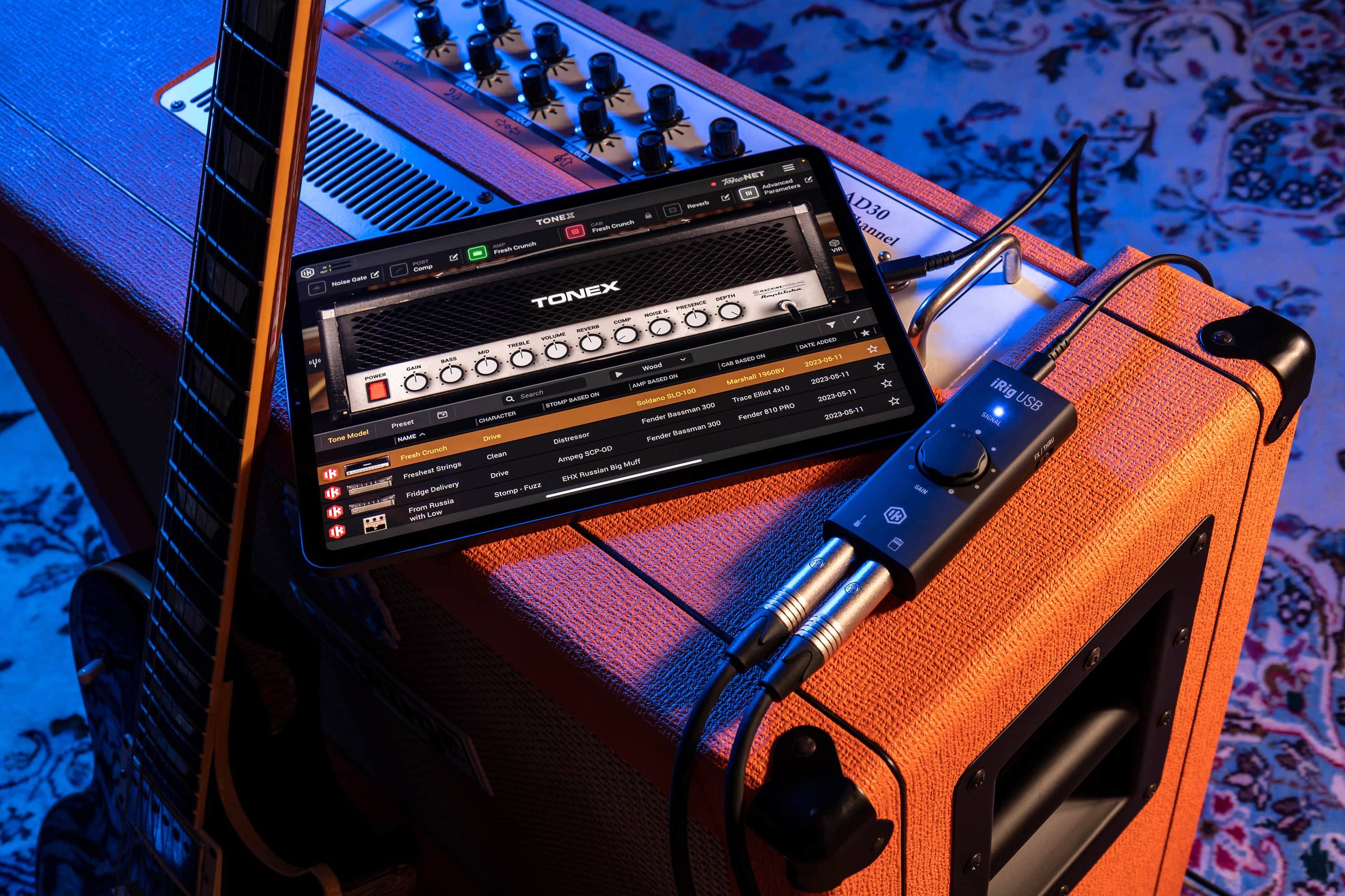 The text on the image reads: "2023-05-11 LAM BASEN - Marstas Searoh 2023-08-11 CHARACTER - Fender PEsE 200 Moded - Fresh Cronech Clean - SCP-00 Ampeo Miuh! Freshest Sirings - Russian tg 1k Drive - ENX Delivery - Fridge Some From Rubsla with Llw ik iRig USB SINGAL - A."