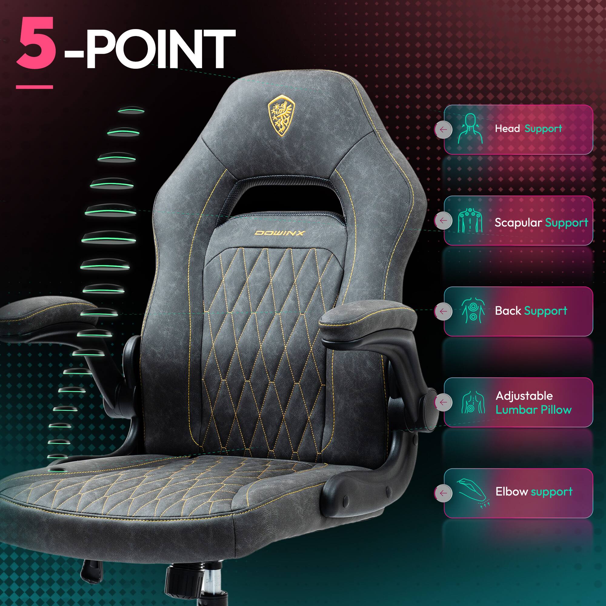 5-POINT  
- Head Support  
- Scapular Support  
- Back Support  
- Adjustable Lumbar Pillow  
- Elbow Support