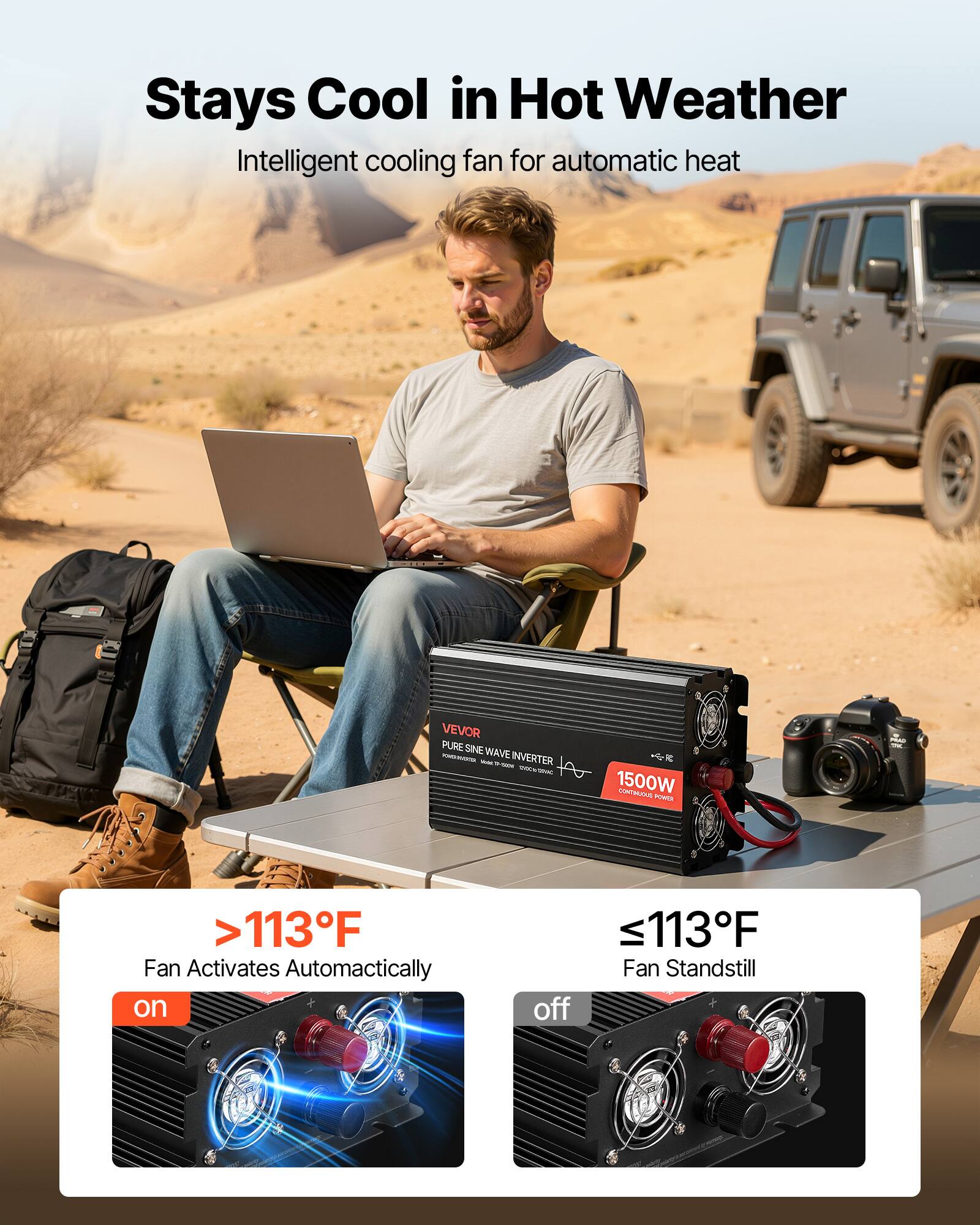 Stays Cool in Hot Weather  
Intelligent cooling fan for automatic heat

VEVOR PURE SINE WAVE INVERTER - THE SYOCK OF 1500W CONTINUOUS POWER

>113°F  
Fan Activates Automatically  
on

≤113°F  
Fan Standstill  
off