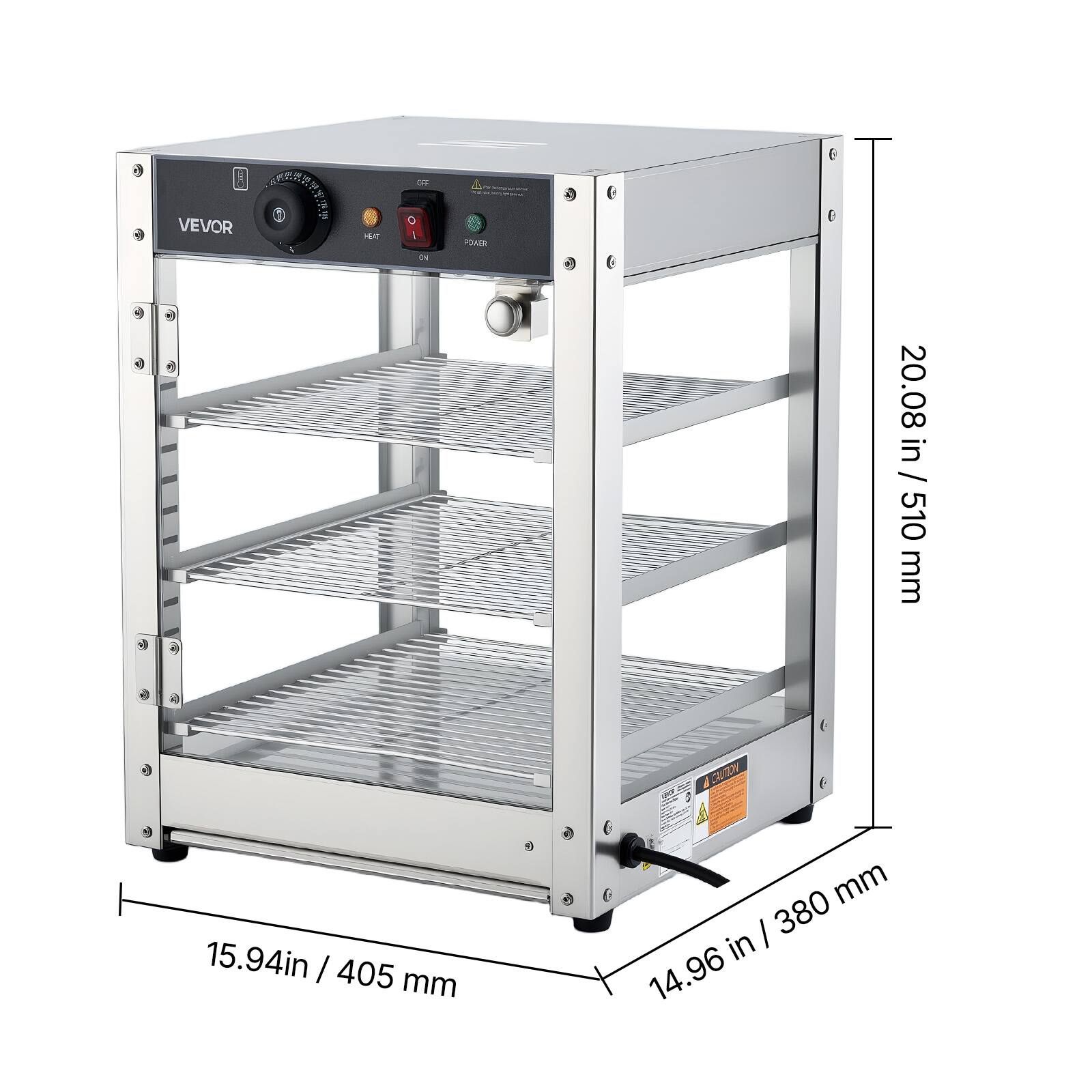 VEVOR

- Width: 15.94 in / 405 mm
- Depth: 14.96 in / 380 mm
- Height: 20.08 in / 510 mm