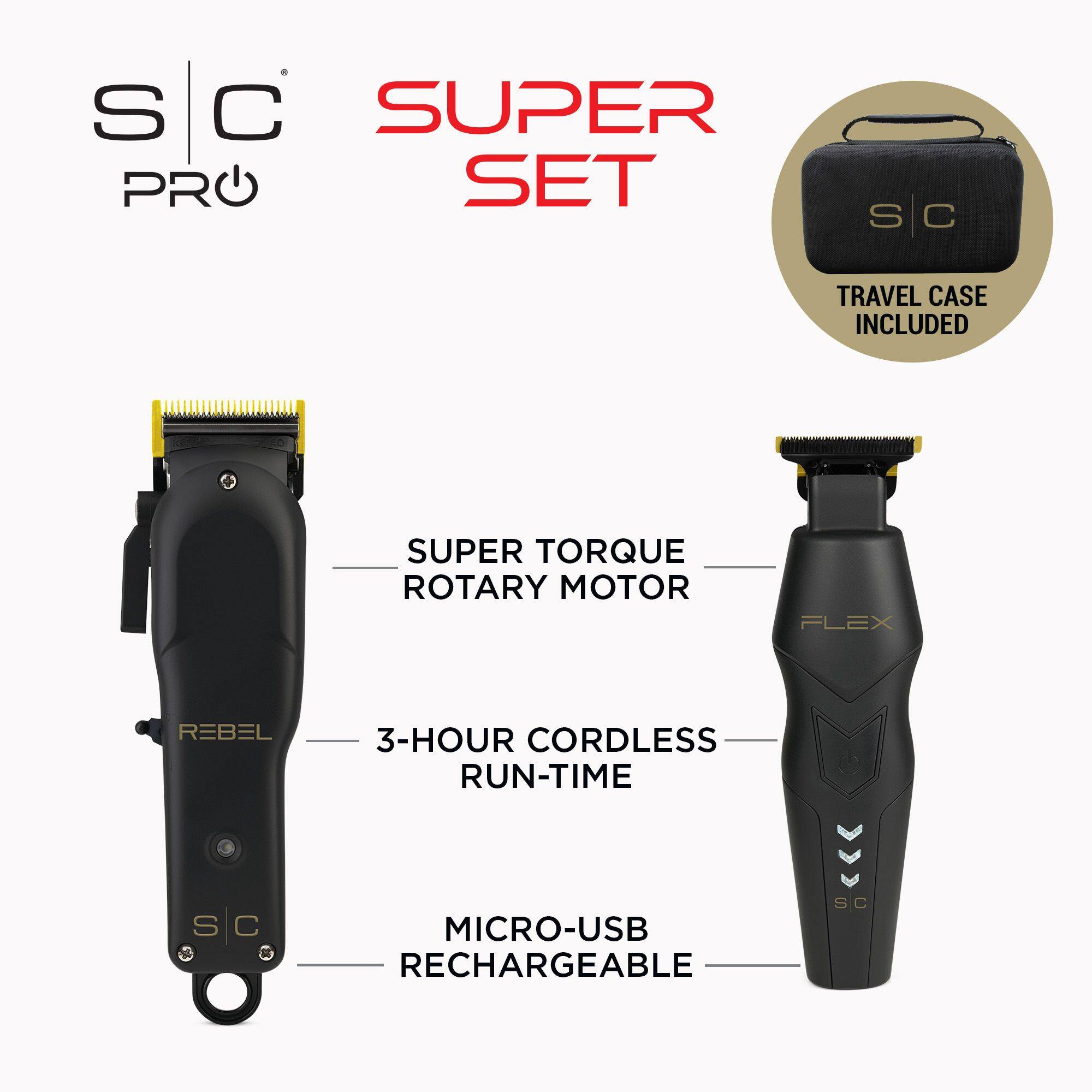 SUPER PRO SET, SUPER TORQUE ROTARY MOTOR, FLEX REBEL, 3-HOUR CORDLESS RUN-TIME, MICRO-USB RECHARGEABLE, TRAVEL CASE INCLUDED