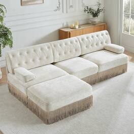 Anysun - 3-Seat Velvet Modular Sectional - Cloud Design, Tassel Skirt, Button Tufted, Foam Cushions & Wood Base for Living Room - White