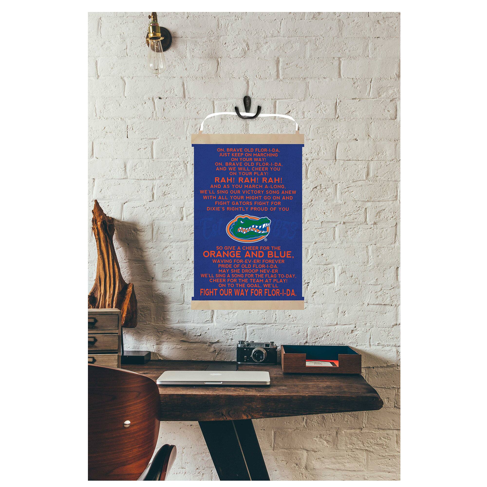 On brave old Flor-I-DA,  
just keep on marching on brave old Flor-I-DA,  
and we'll cheer you on brave old Flor-I-DA.  
Rah! Rah! Rah!  
And as you make along, we'll sing our victory song anew with all our might do on and fight for Dixie's right. Proud of you, so give a cheer for the orange and blue, waving forever pride of old Flor-I-DA.  
Mat she droop never well sing a song for the flag to-day, cheer for the team at play in to the goal. We'll fight our way for Flor-I-DA.  

Rah! Rah! Rah!  
On brave old Flor-I-DA,  
just keep on marching on brave old Flor-I-DA,  
and we'll cheer you on brave old Flor-I-DA.  
Rah! Rah! Rah!  
March along,  
we'll sing our victory song anew,  
and fight for Dixie's right. Proud of you,  
so give a cheer for the orange and blue,  
waving forever pride of old Flor-I-DA.  
Mat she droop never,  
we'll sing a song for the flag to-day,  
cheer for the team at play in to the goal.  
We'll fight our way for Flor-I-DA.  

Orange and blue,  
cheer for the team,  
ever for ever,  
proud of you,  
fight for Flor-I-DA.  
Mat she droop never,  
we'll sing a song for the flag to-day,  
cheer for the team at play in to the goal.  
We'll fight our way for Flor-I-DA.